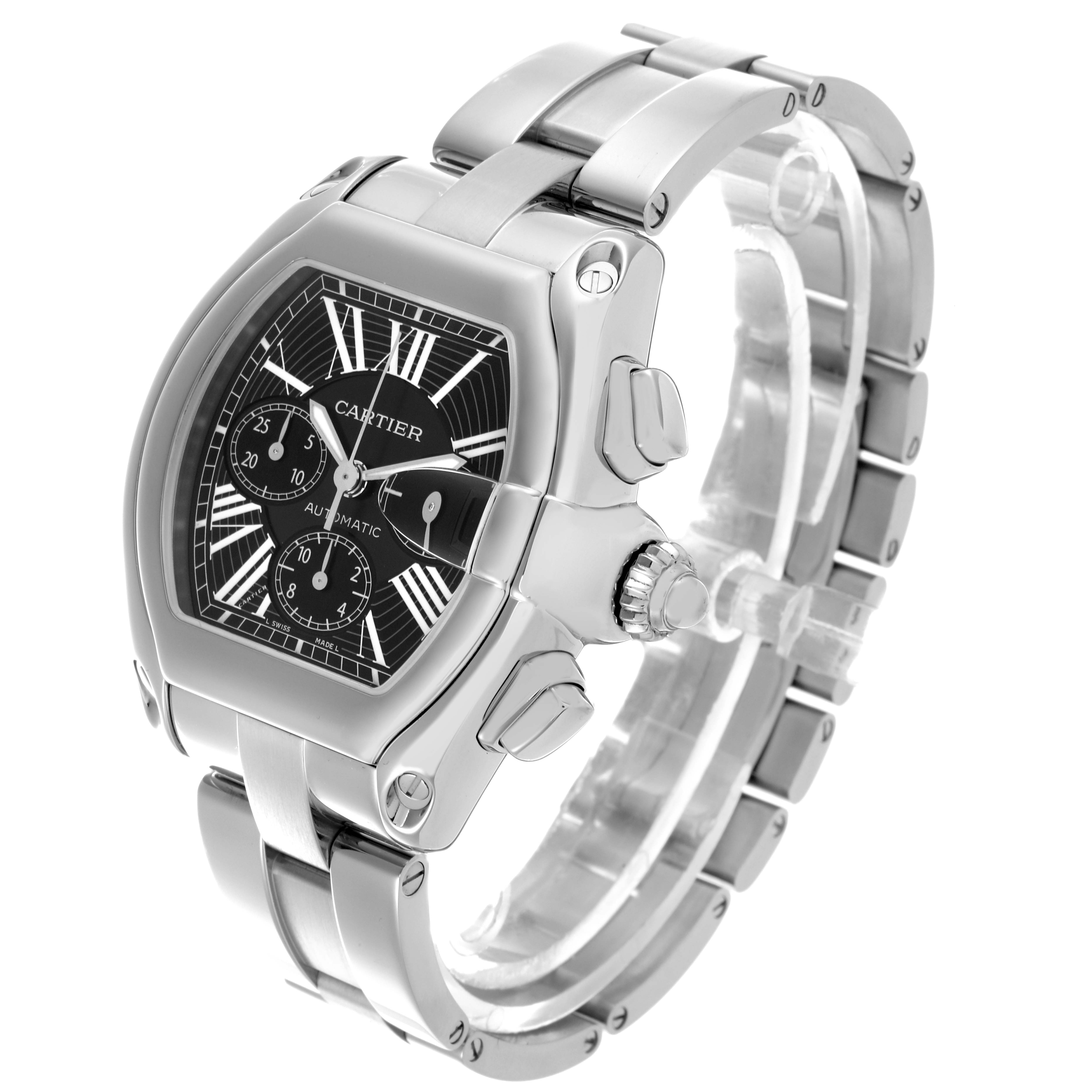 The Cartier Roadster W62020X6 Men's Stainless Steel Black Dial W62020X6 Men's Stainless Steel Black Dial watch is shown in a three-quarter view, highlighting its dial, crown, and metal bracelet.