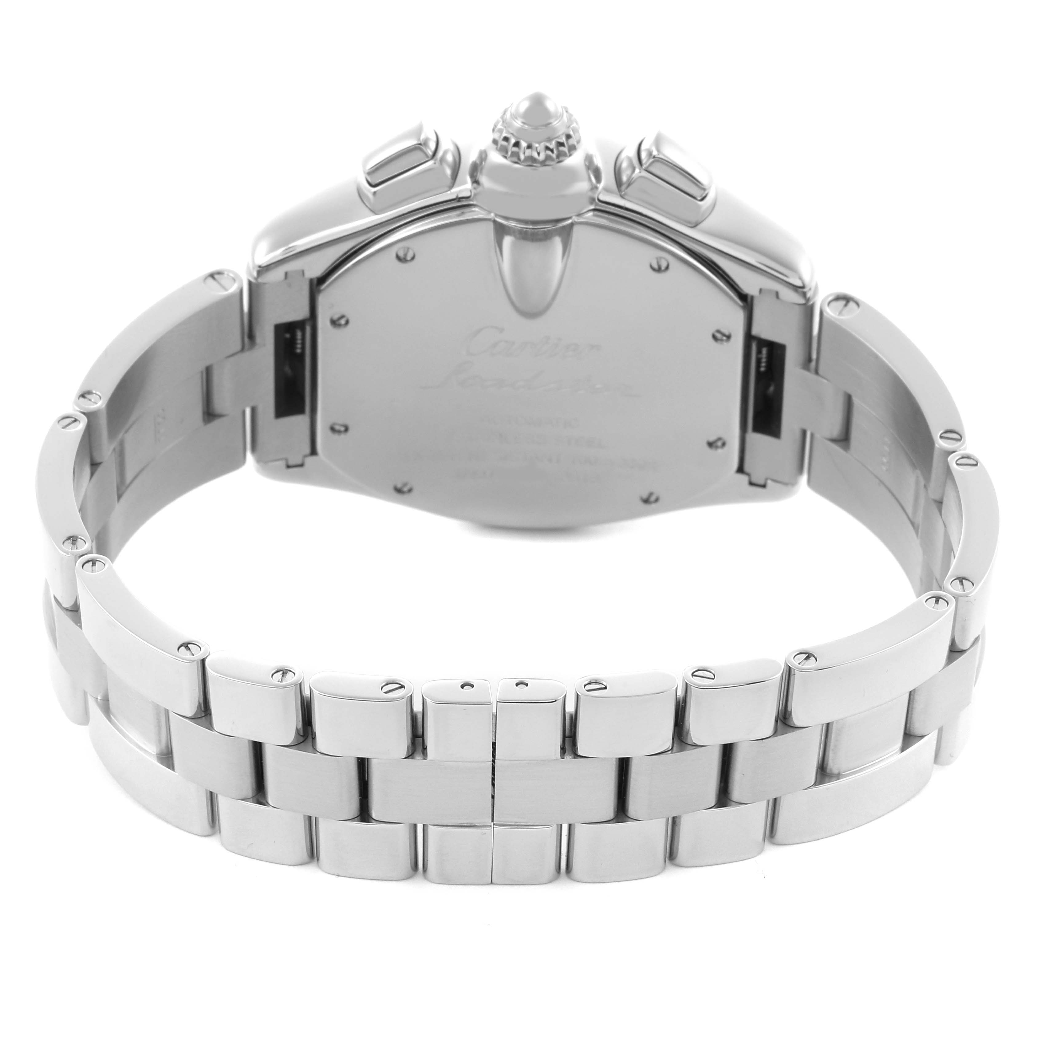 The image shows the back view of the Cartier Roadster W62020X6 Men's Stainless Steel Black Dial W62020X6 Men's Stainless Steel Black Dial watch, highlighting its bracelet and caseback.