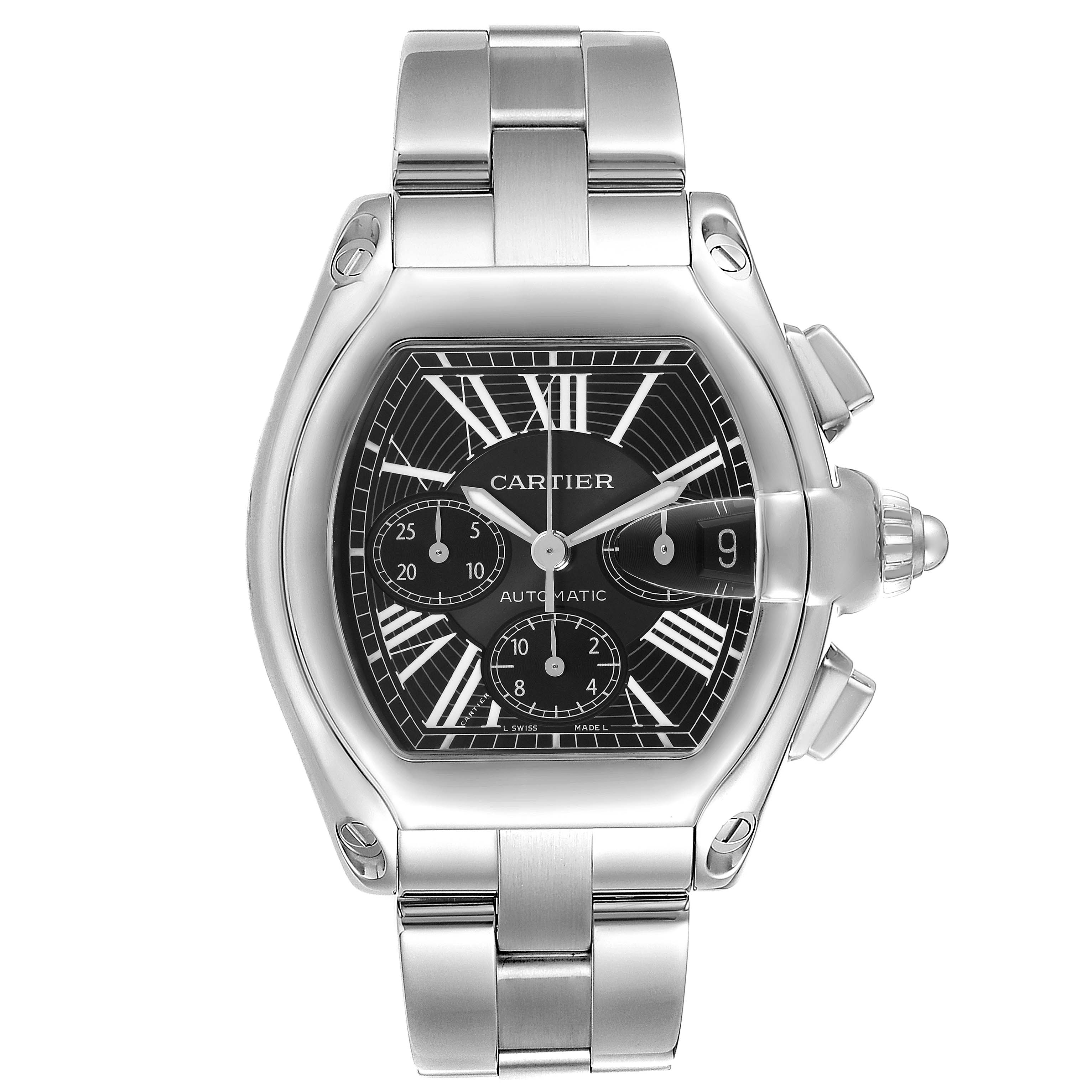The Cartier Roadster W62020X6 Men's Stainless Steel Black Dial W62020X6 Men's Stainless Steel Black Dial watch is shown from a front angle, displaying the dial, case, and bracelet.