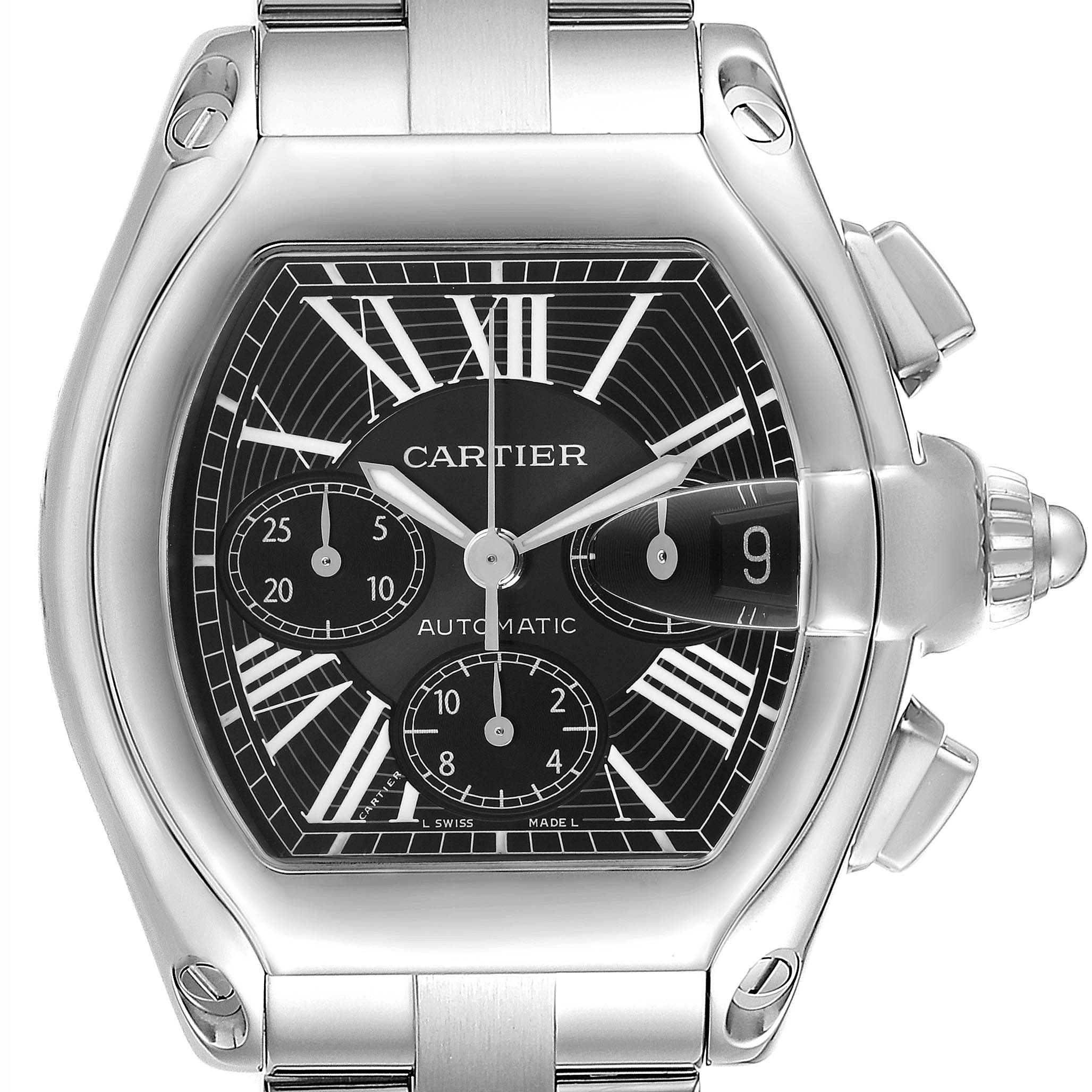 The image shows a front view of the Cartier Roadster W62020X6 Men's Stainless Steel Black Dial W62020X6 Men's Stainless Steel Black Dial watch, highlighting the dial, crown, and pushers.