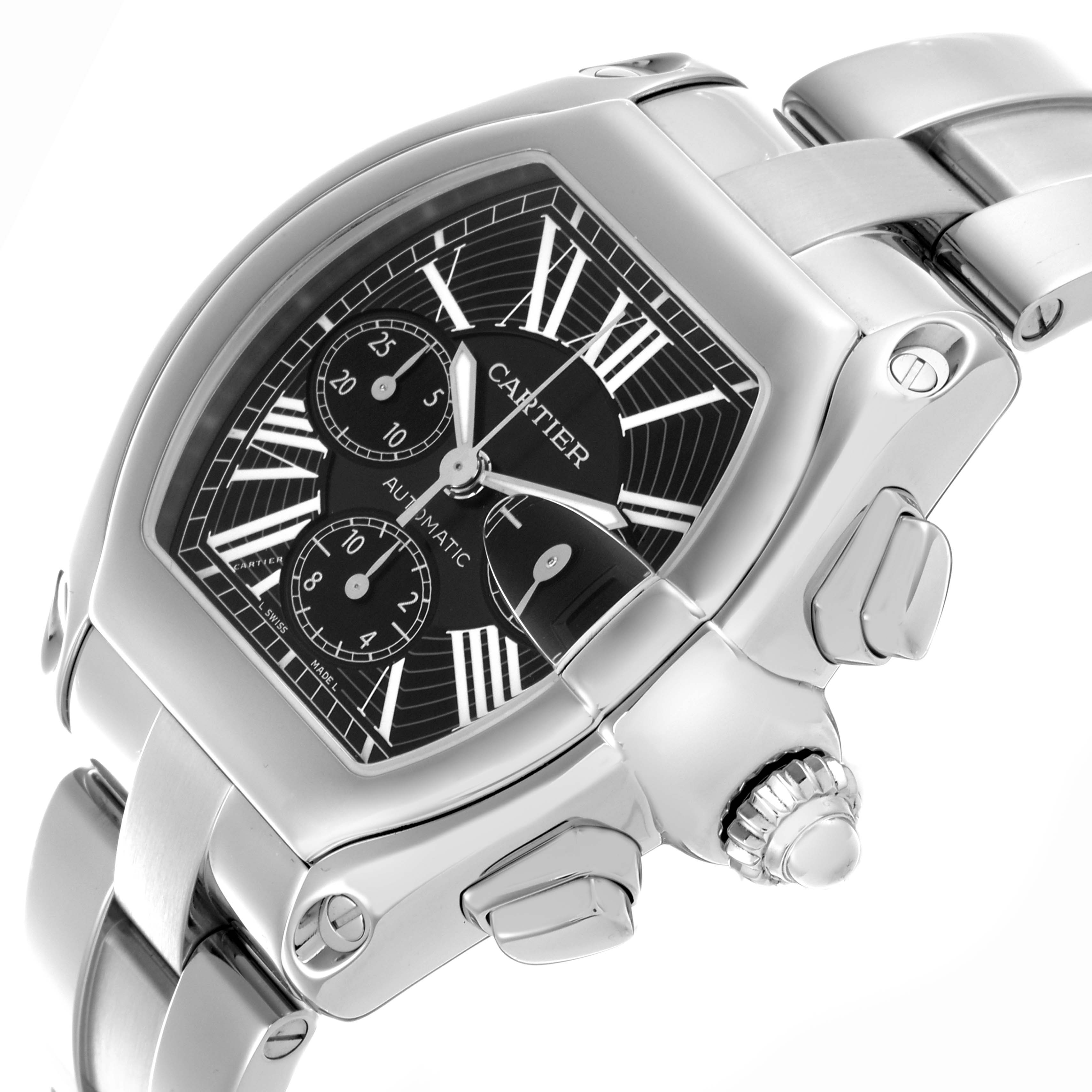 The Cartier Roadster W62020X6 Men's Stainless Steel Black Dial W62020X6 Men's Stainless Steel Black Dial watch is shown from an angled side view, highlighting the dial, crown, and part of the bracelet.