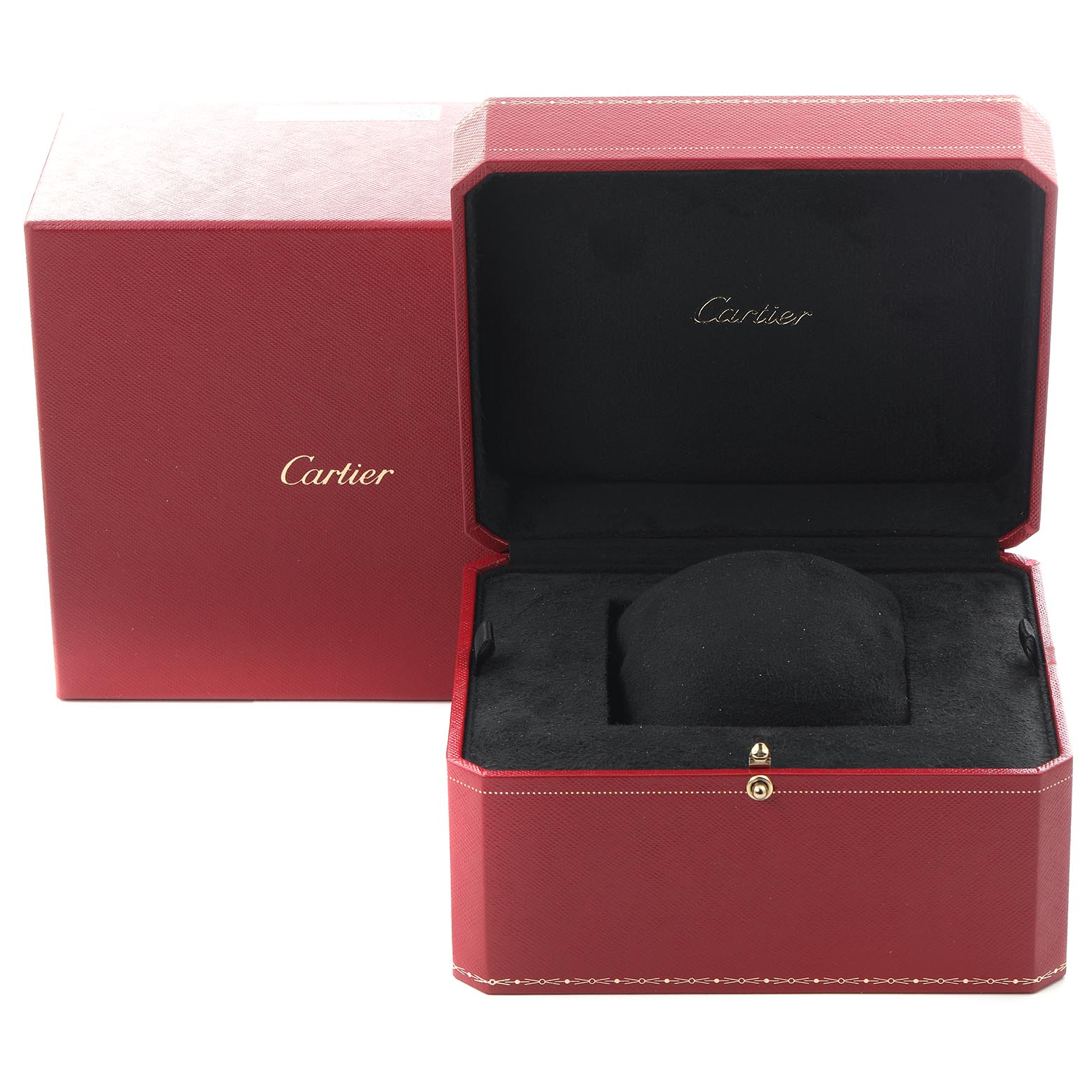 The image shows a Cartier Ronde WGRN0011 Men
s Rose Gold Silver Dial WGRN0011 Men
s Rose Gold Silver Dial watch box with an open lid, revealing its black interior and cushion for the watch.