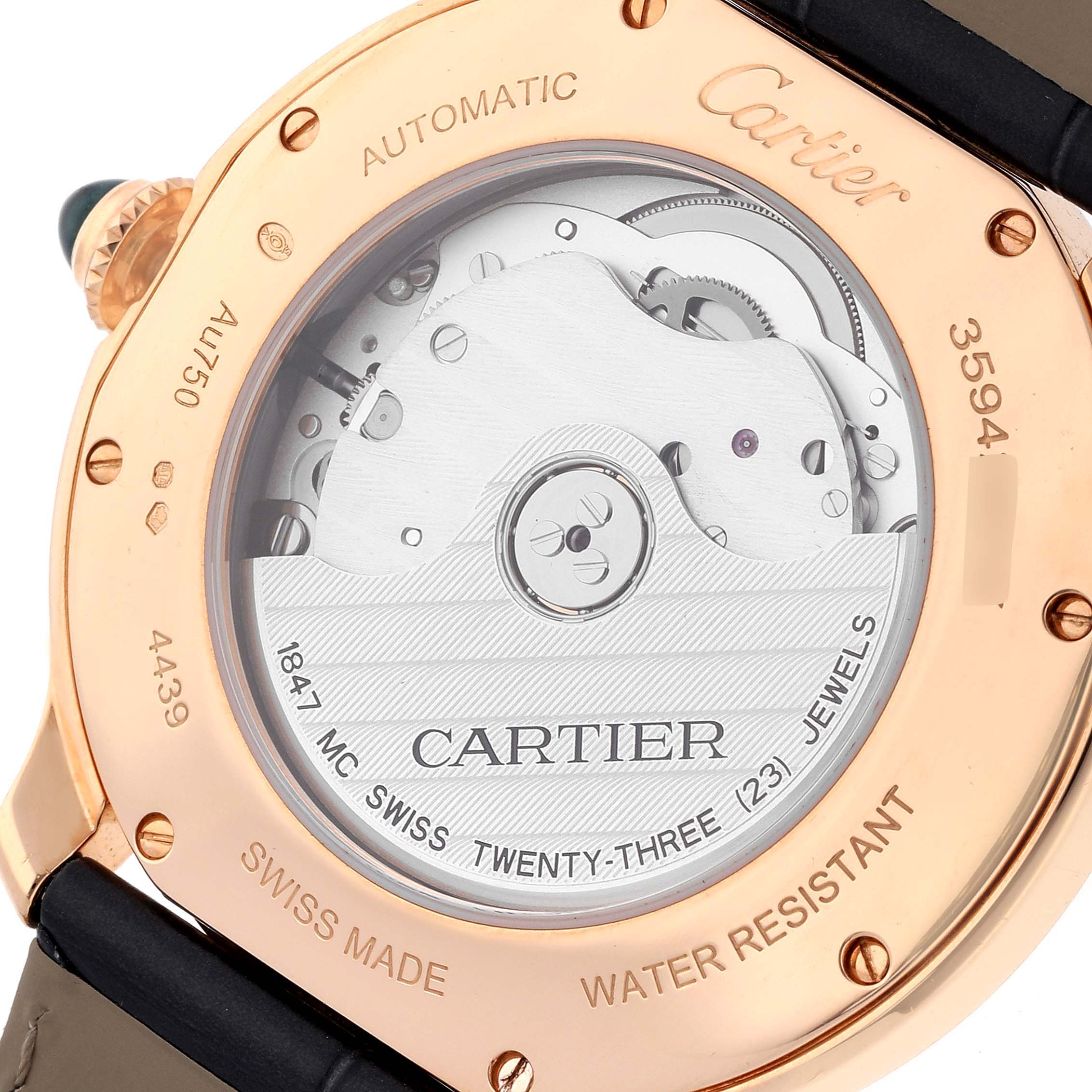 This image shows the back view of a Cartier Ronde WGRN0011 Men
s Rose Gold Silver Dial WGRN0011 Men
s Rose Gold Silver Dial watch, highlighting the movement and inscriptions.