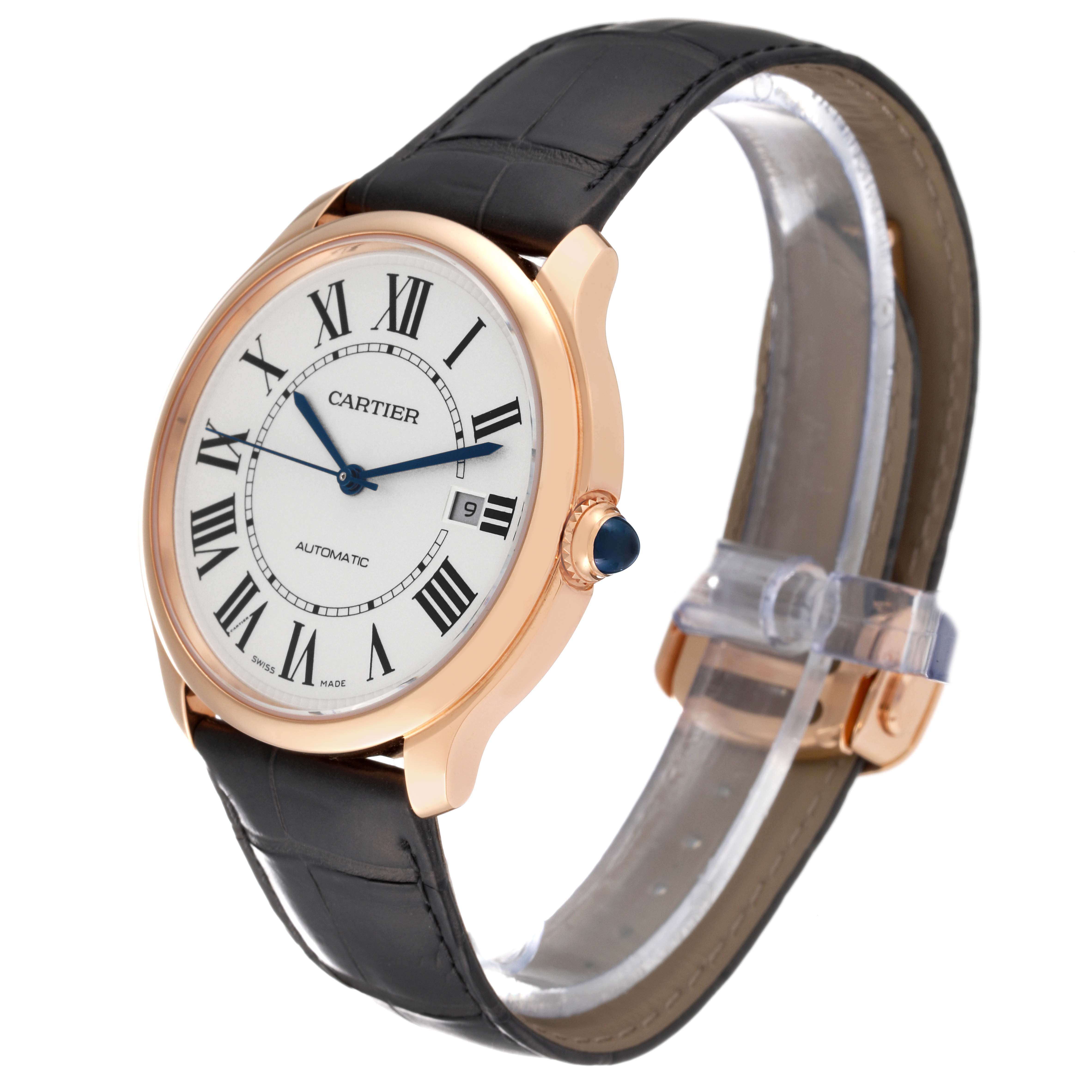 The Cartier Ronde WGRN0011 Men
s Rose Gold Silver Dial WGRN0011 Men
s Rose Gold Silver Dial model watch is shown at a three-quarter angle, highlighting its face, strap, and crown.
