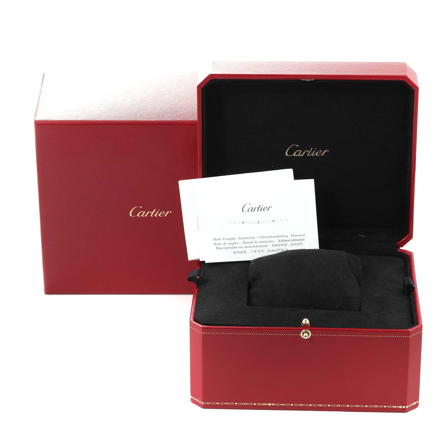 The image shows the packaging and accessories of a Cartier Ronde WR000551 Men's White Gold Silver Dial WR000551 Men's White Gold Silver Dial watch, including the box, cushion, and documentation.