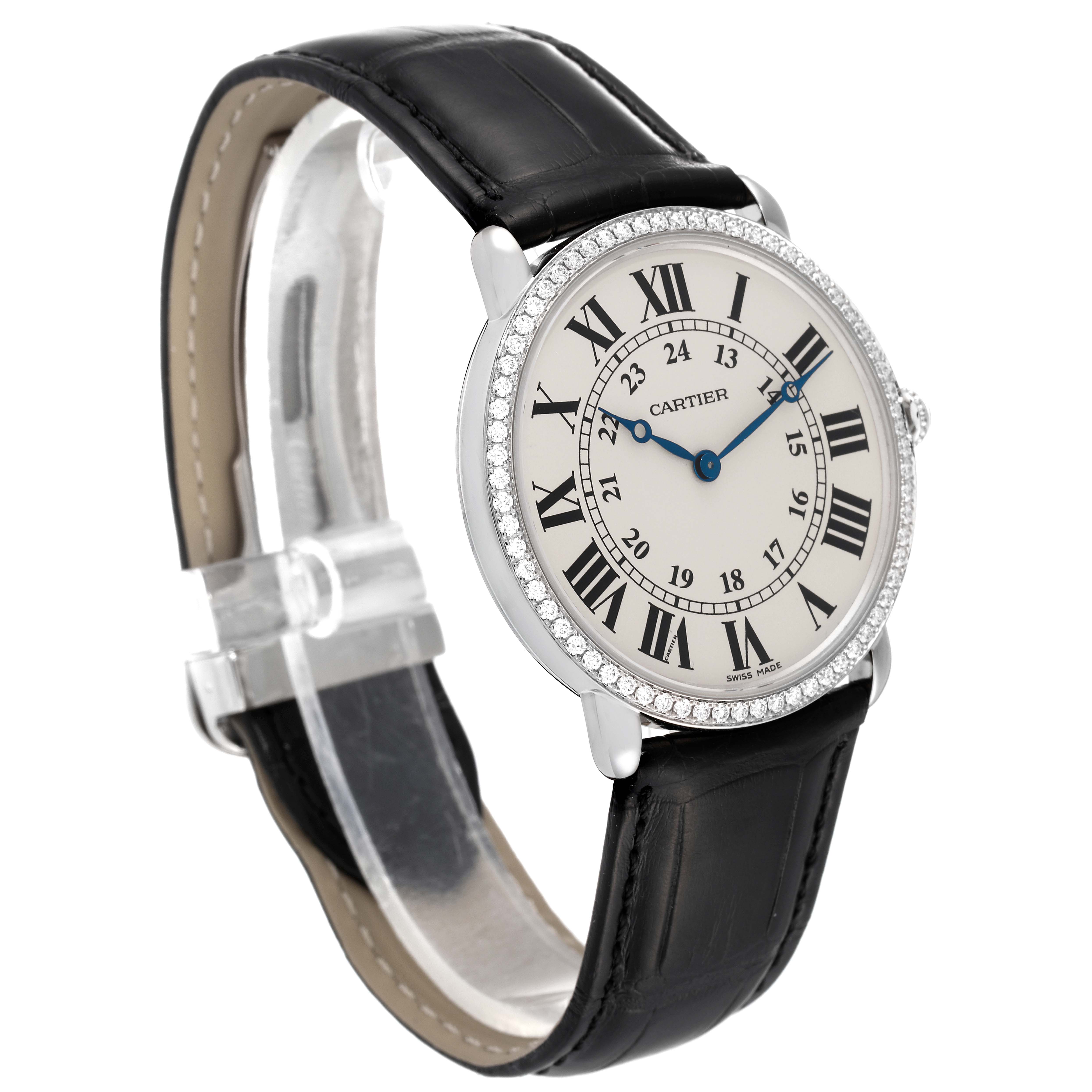 The Cartier Ronde WR000551 Men's White Gold Silver Dial WR000551 Men's White Gold Silver Dial model watch is shown at a three-quarter angle, highlighting its black leather strap and Roman numeral face.