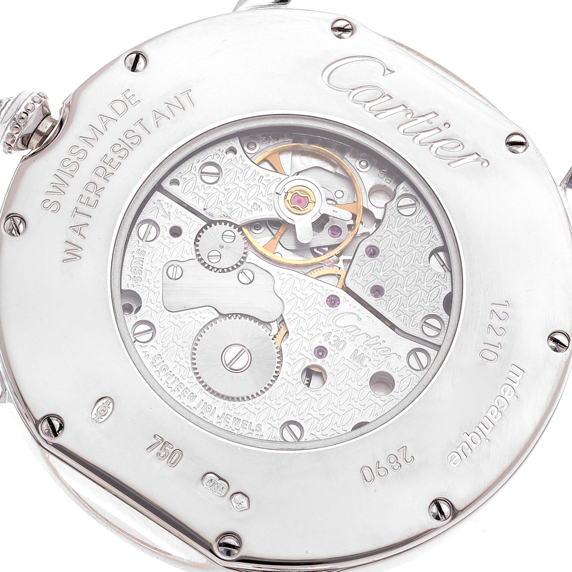 The image shows the back case of a Cartier Ronde WR000551 Men's White Gold Silver Dial WR000551 Men's White Gold Silver Dial watch, revealing its intricate mechanical movement.