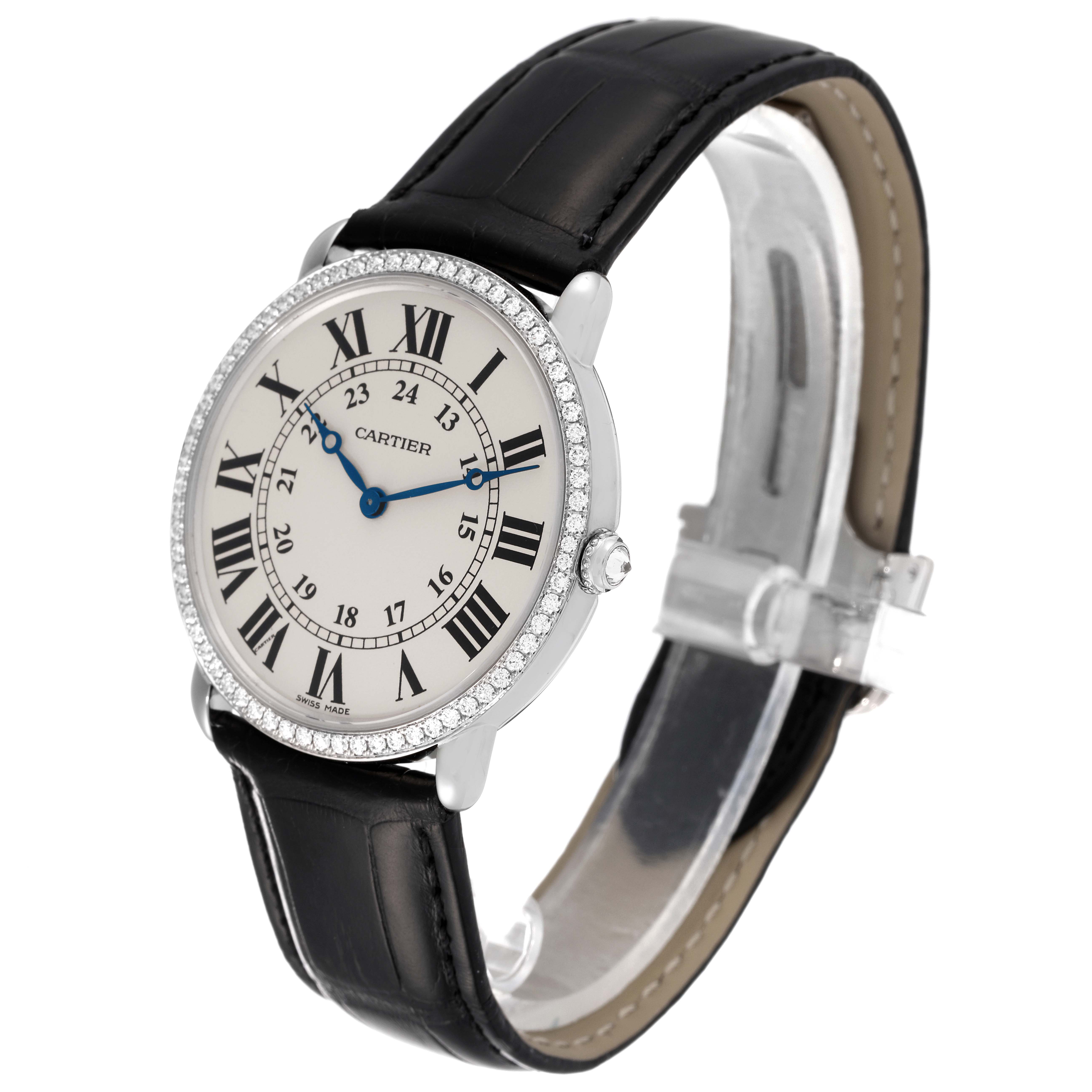 The image shows a Cartier Ronde WR000551 Men's White Gold Silver Dial WR000551 Men's White Gold Silver Dial watch at a slight angle, featuring its face, bezel, crown, and black leather strap.