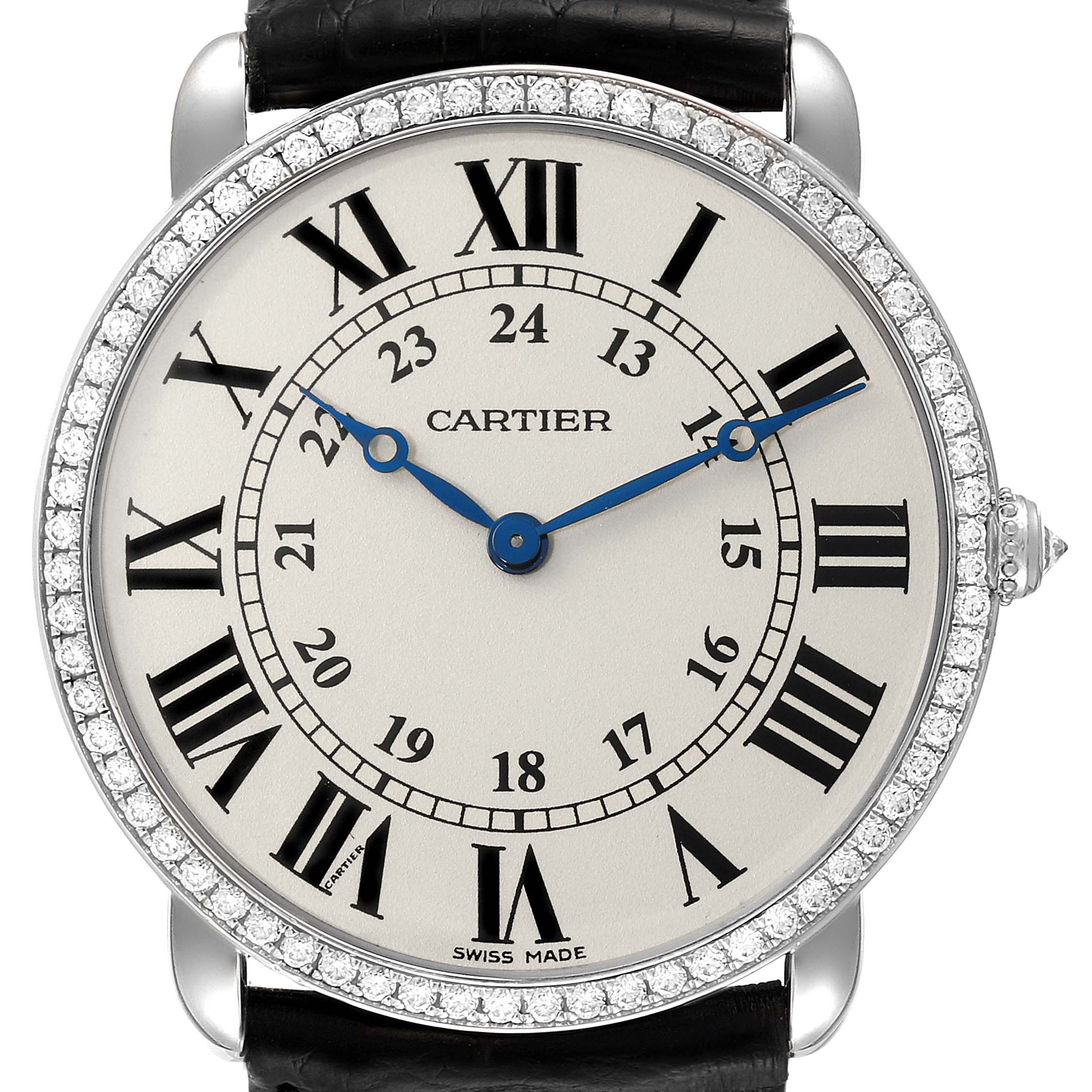 The image shows a front view of the Cartier Ronde WR000551 Men's White Gold Silver Dial WR000551 Men's White Gold Silver Dial watch, featuring its face, bezel, and part of the leather strap.