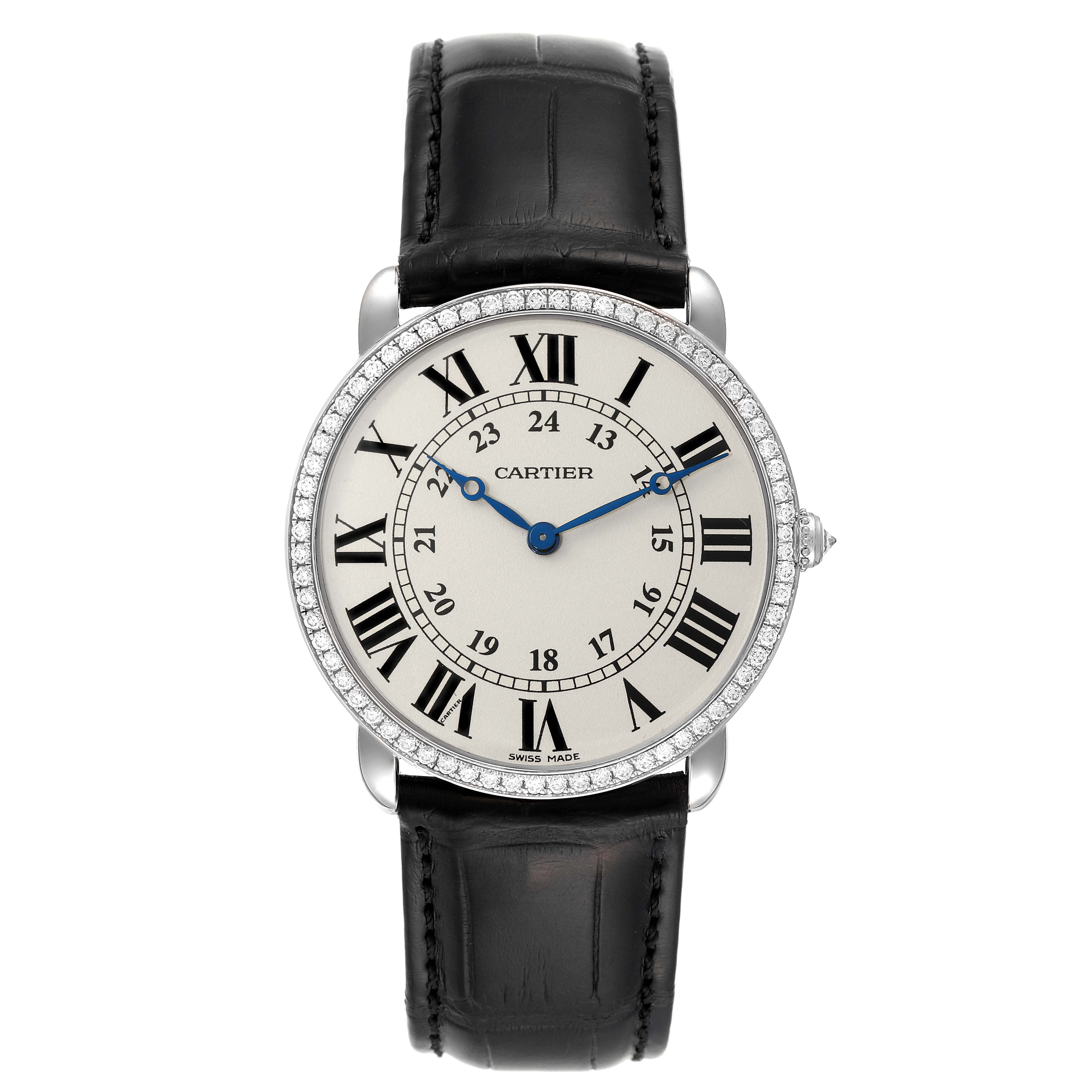 This image shows a front view of the Cartier Ronde WR000551 Men's White Gold Silver Dial WR000551 Men's White Gold Silver Dial model watch, featuring a black leather strap and a round, Roman numeral dial.