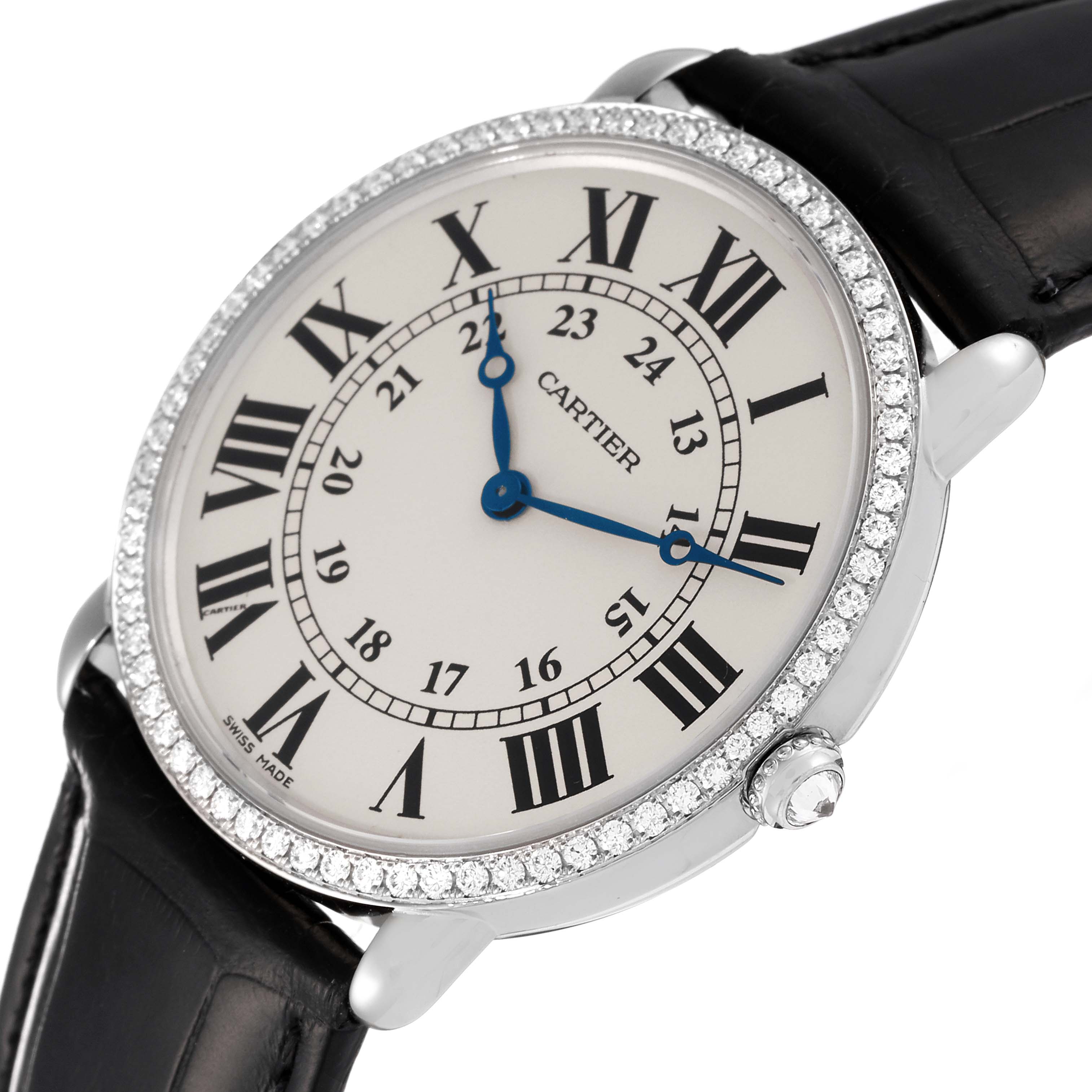 The image displays a Cartier Ronde WR000551 Men's White Gold Silver Dial WR000551 Men's White Gold Silver Dial model watch at an angle showing the face, bezel, crown, and part of the black leather strap.