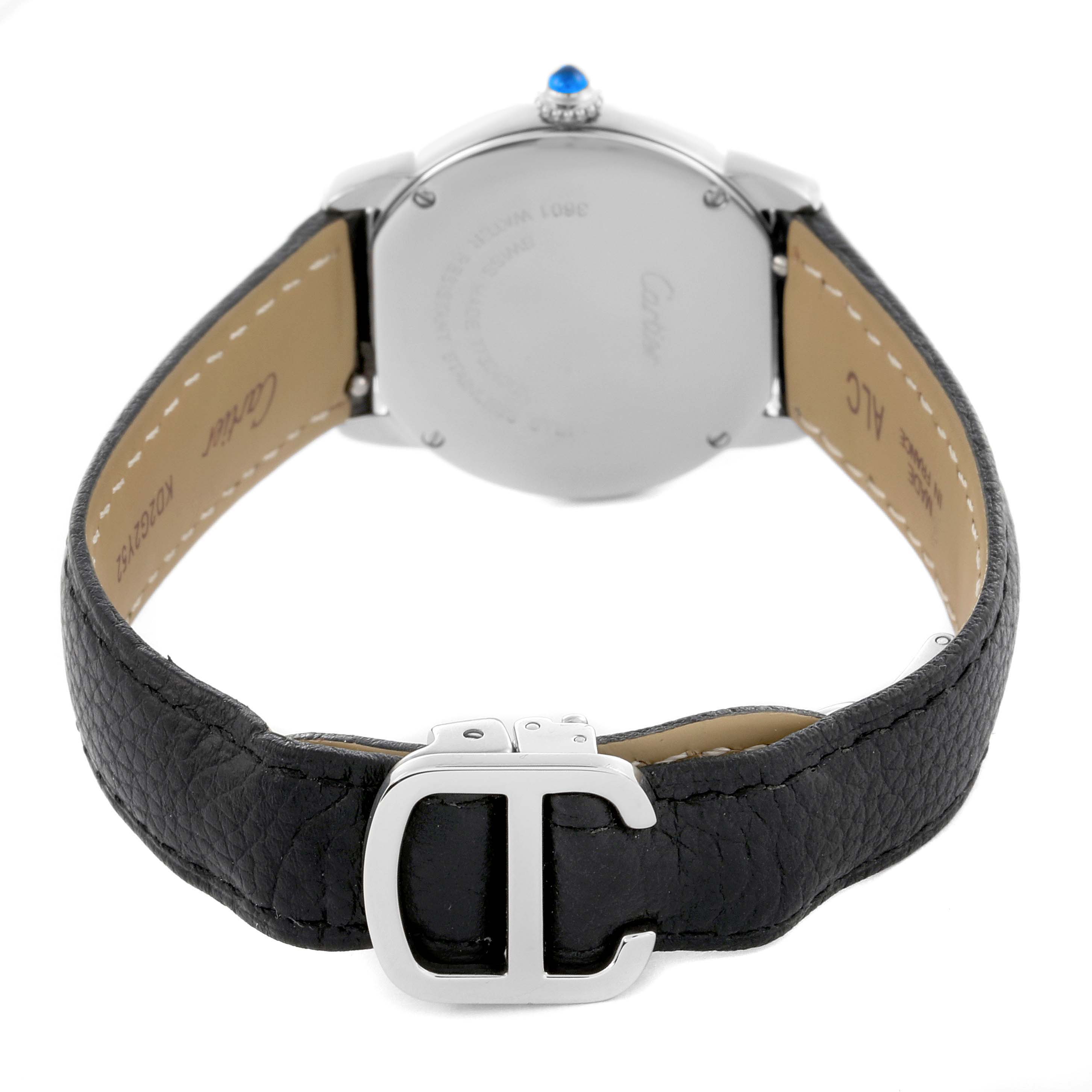 The Cartier Ronde W6700155 Women
s Stainless Steel Silver Dial W6700155 Women
s Stainless Steel Silver Dial watch is shown from the back, highlighting the case, leather strap, and clasp.