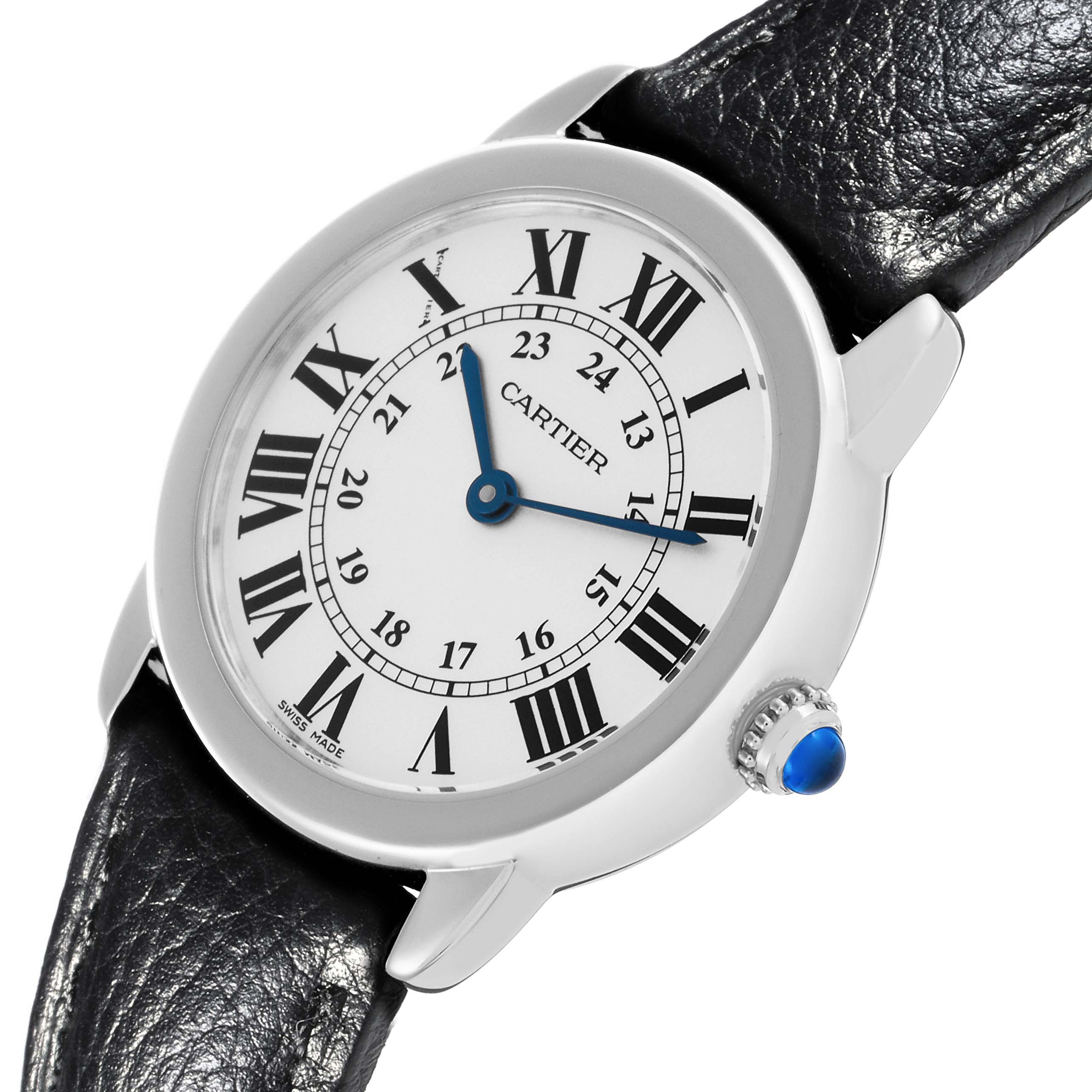 The Cartier Ronde W6700155 Women
s Stainless Steel Silver Dial W6700155 Women
s Stainless Steel Silver Dial watch is shown from a side angle, highlighting the face, crown, and strap.