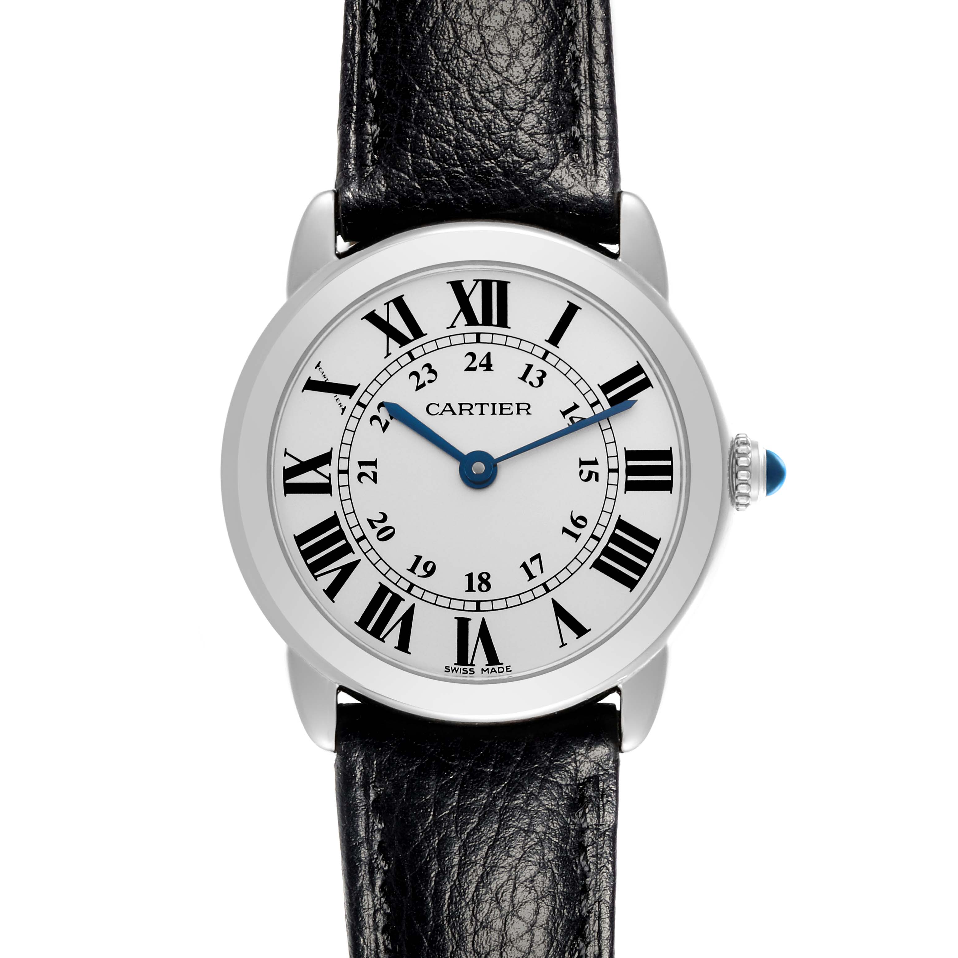 The Cartier Ronde W6700155 Women
s Stainless Steel Silver Dial W6700155 Women
s Stainless Steel Silver Dial watch is shown from a front angle, displaying the face, Roman numerals, and the leather strap.