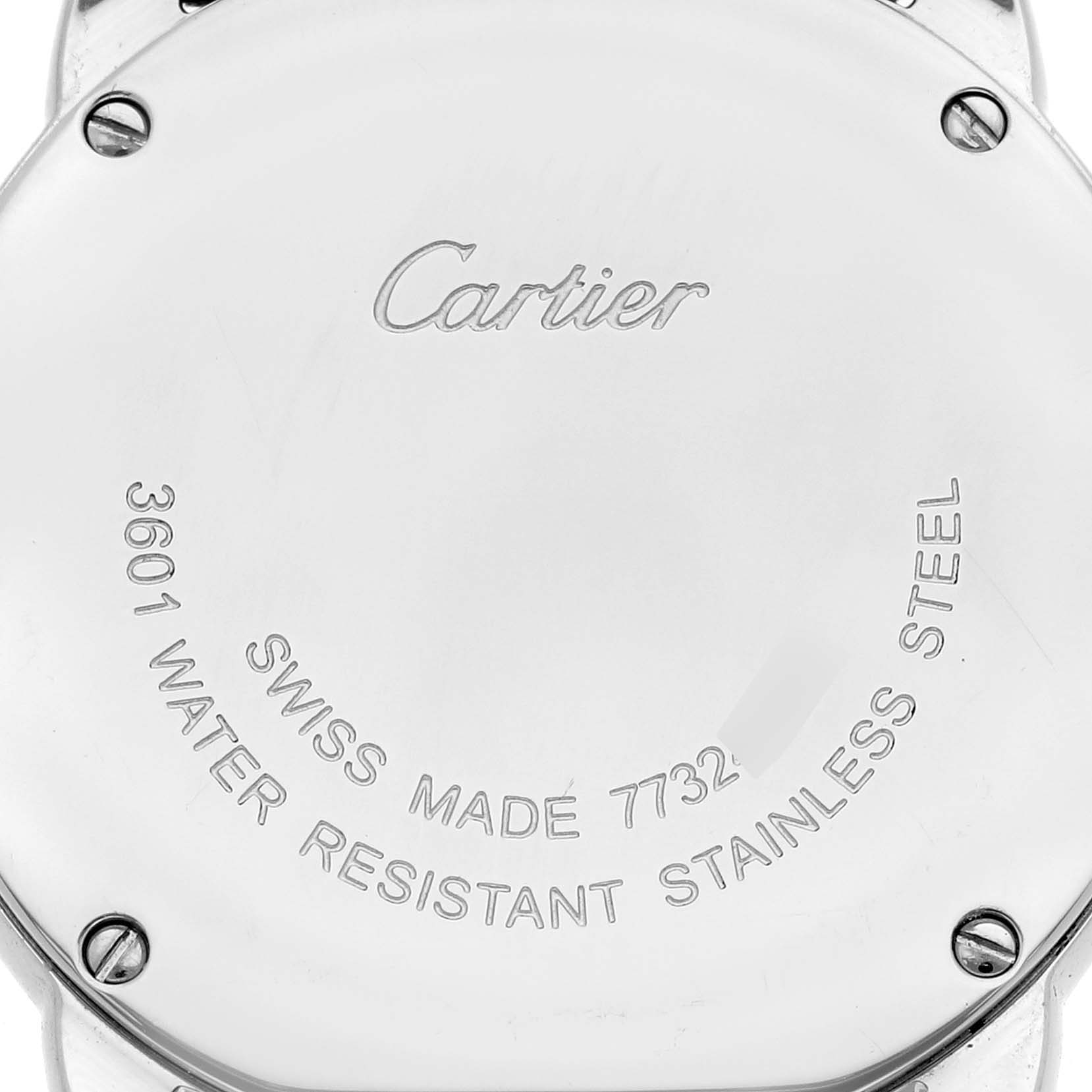 The image shows the back case of the Cartier Ronde W6700155 Women
s Stainless Steel Silver Dial W6700155 Women
s Stainless Steel Silver Dial watch engraved with brand details.