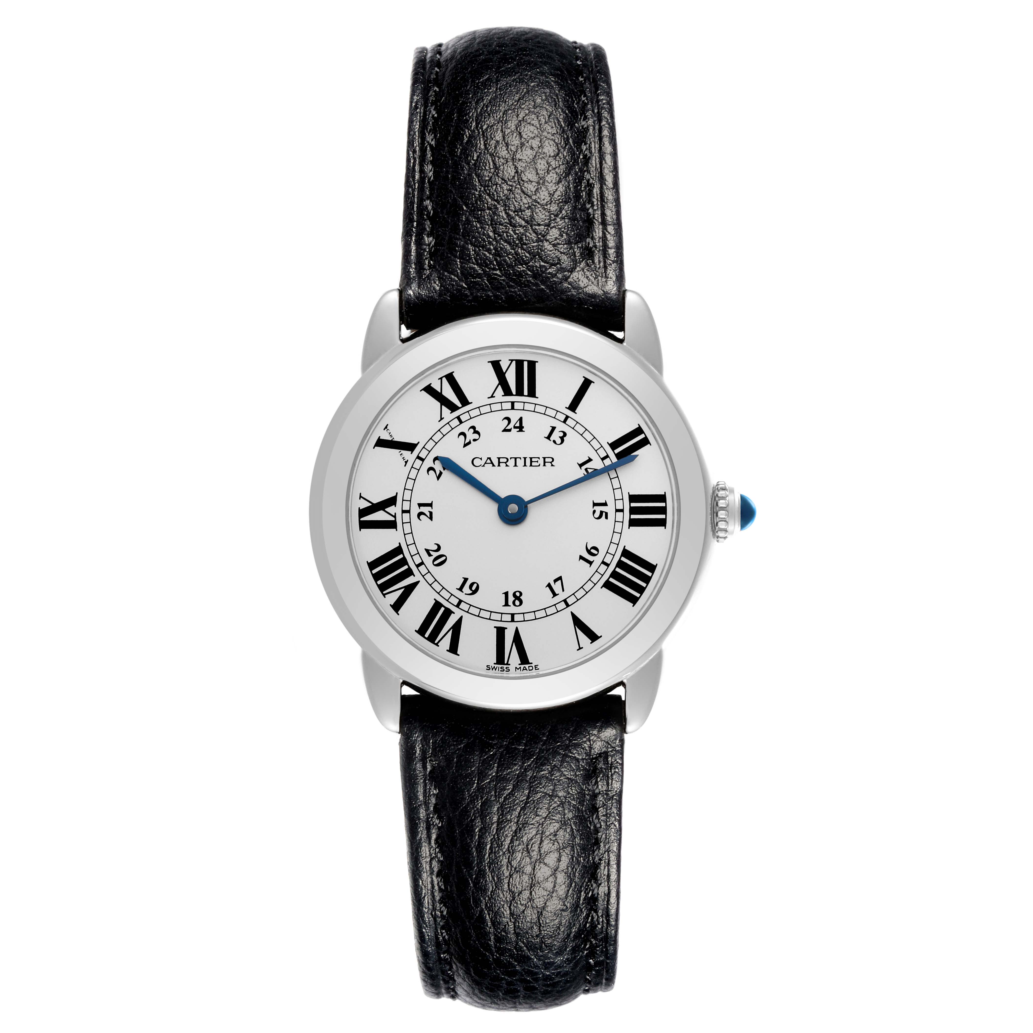 The Cartier Ronde W6700155 Women
s Stainless Steel Silver Dial W6700155 Women
s Stainless Steel Silver Dial watch is shown from the front, highlighting the dial, Roman numerals, and leather strap.