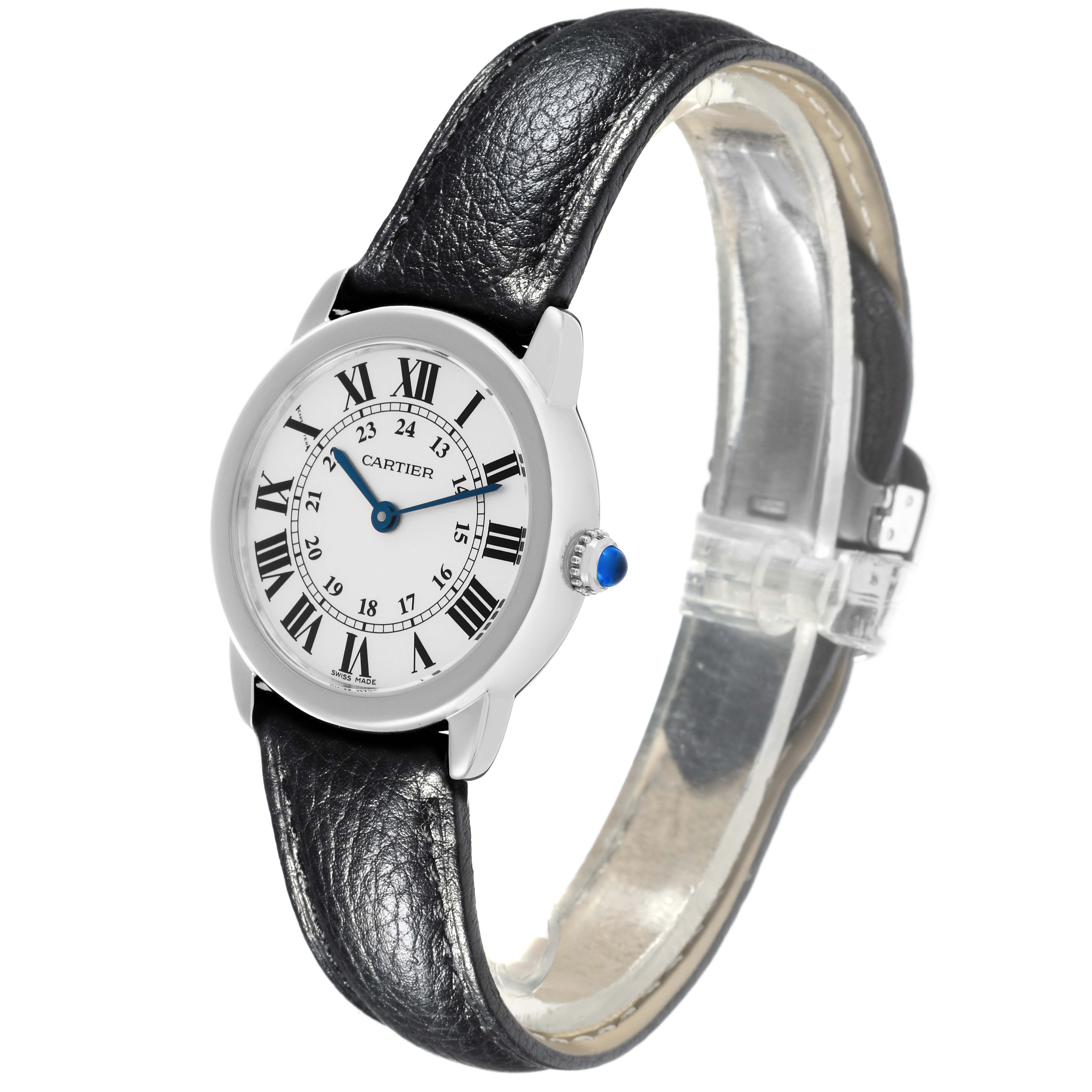 The Cartier Ronde W6700155 Women
s Stainless Steel Silver Dial W6700155 Women
s Stainless Steel Silver Dial watch is shown at an angle highlighting the face, crown, and leather strap.