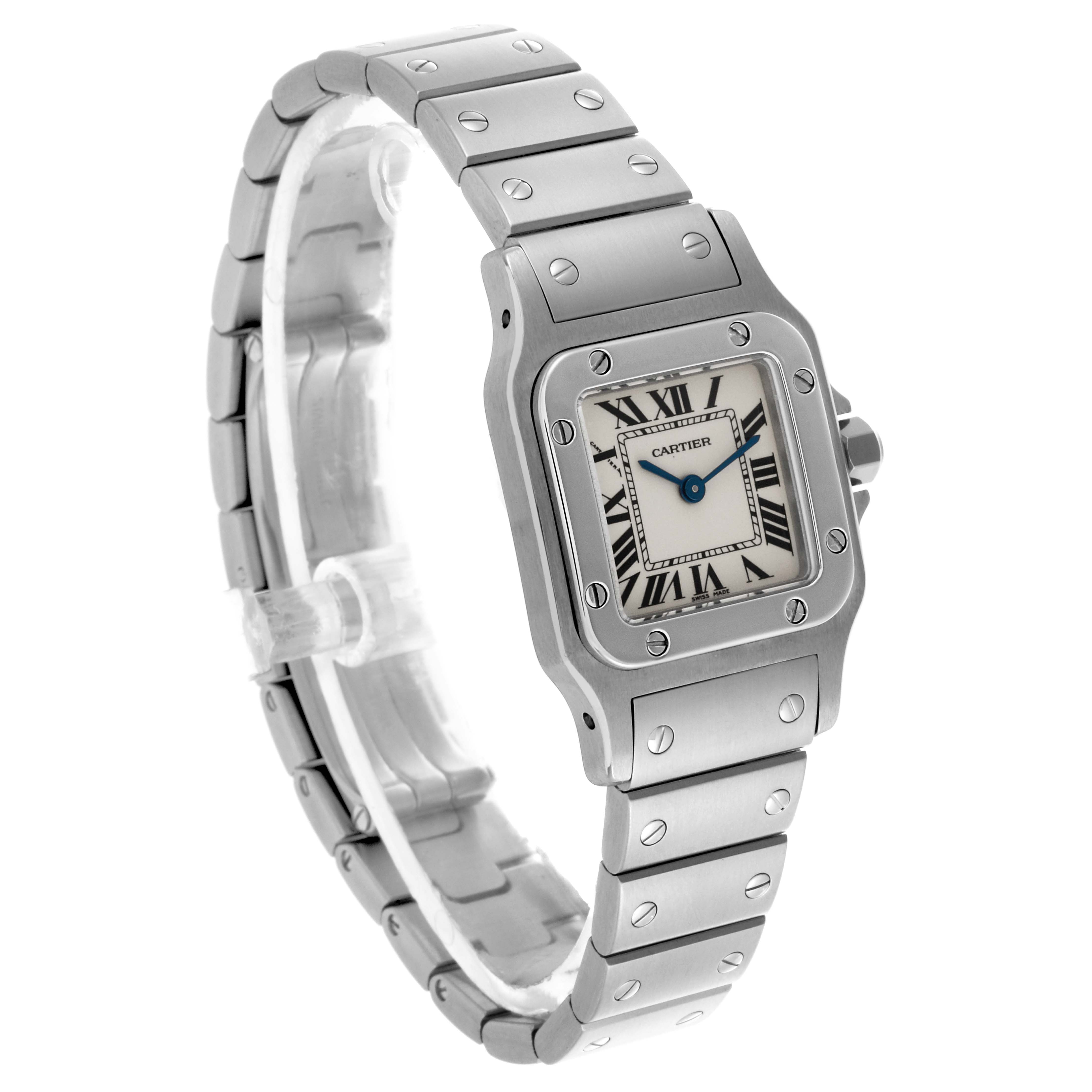 The Cartier Santos W20056D6 Women's Stainless Steel Silver Dial W20056D6 Women's Stainless Steel Silver Dial watch is shown at a slight angle, highlighting the case, bezel, bracelet, and face with Roman numerals.