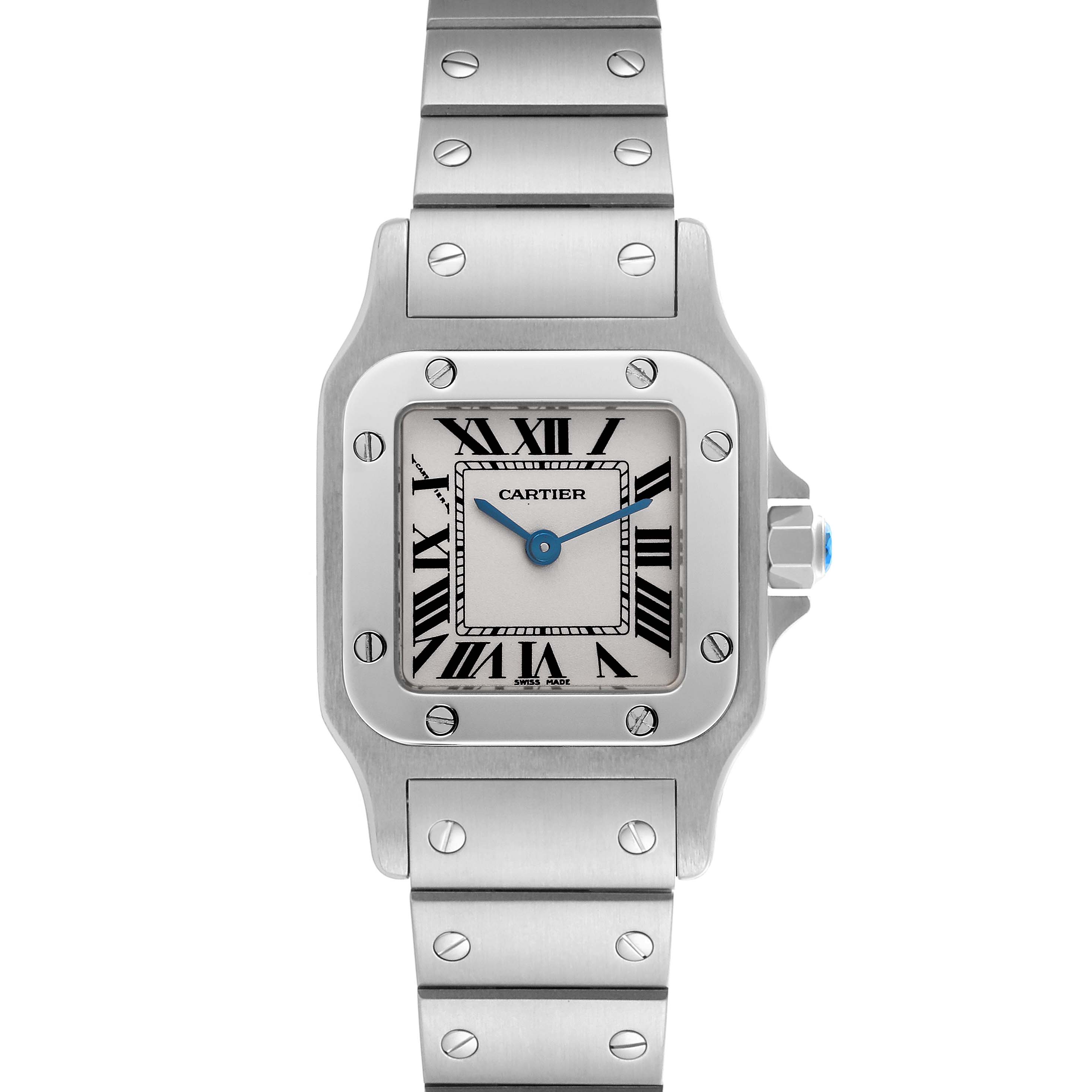 The Cartier Santos W20056D6 Women's Stainless Steel Silver Dial W20056D6 Women's Stainless Steel Silver Dial watch is shown from the front, highlighting the square face, Roman numerals, and metal bracelet.