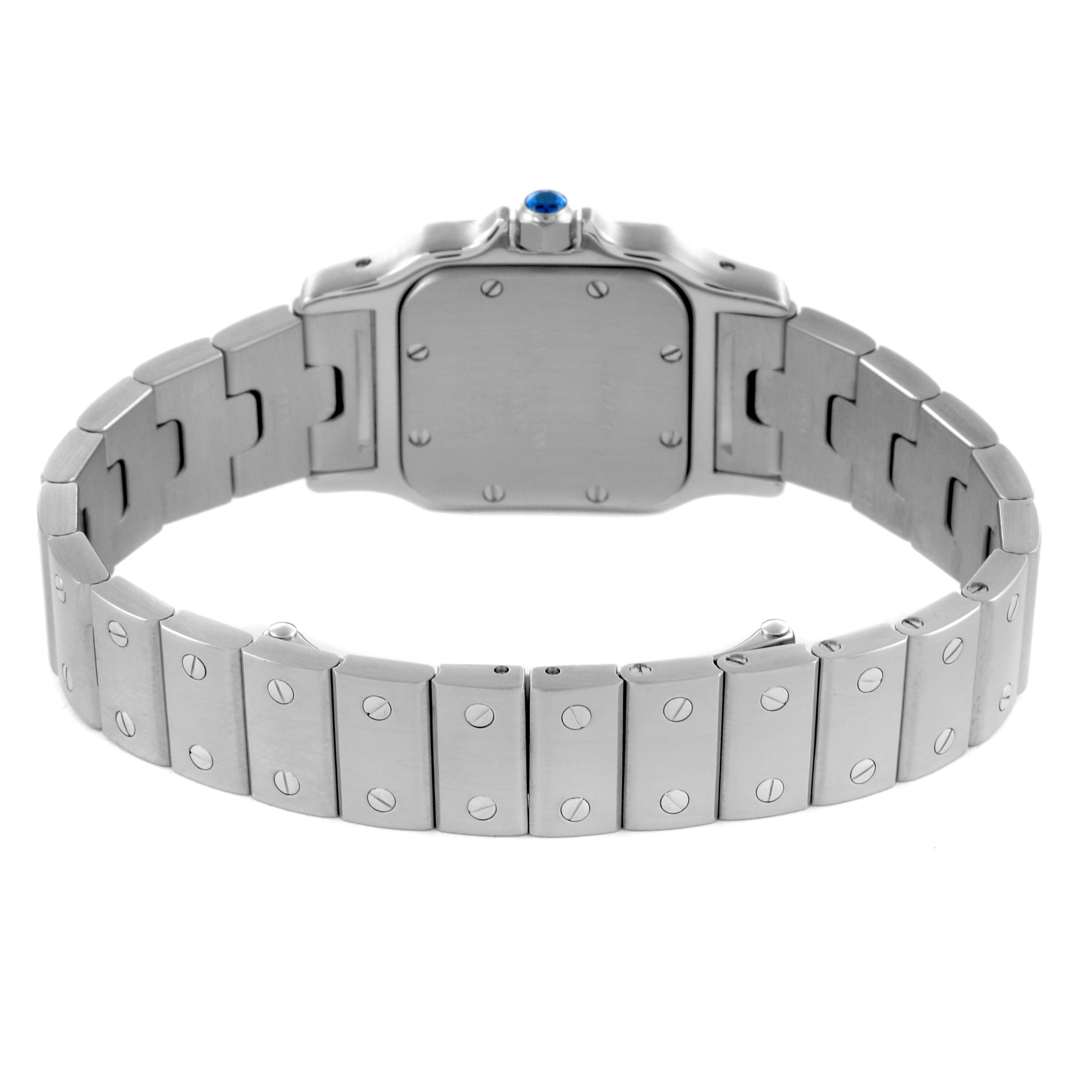 The image shows the backside of a Cartier Santos W20056D6 Women's Stainless Steel Silver Dial W20056D6 Women's Stainless Steel Silver Dial watch, highlighting its metal strap and case back.