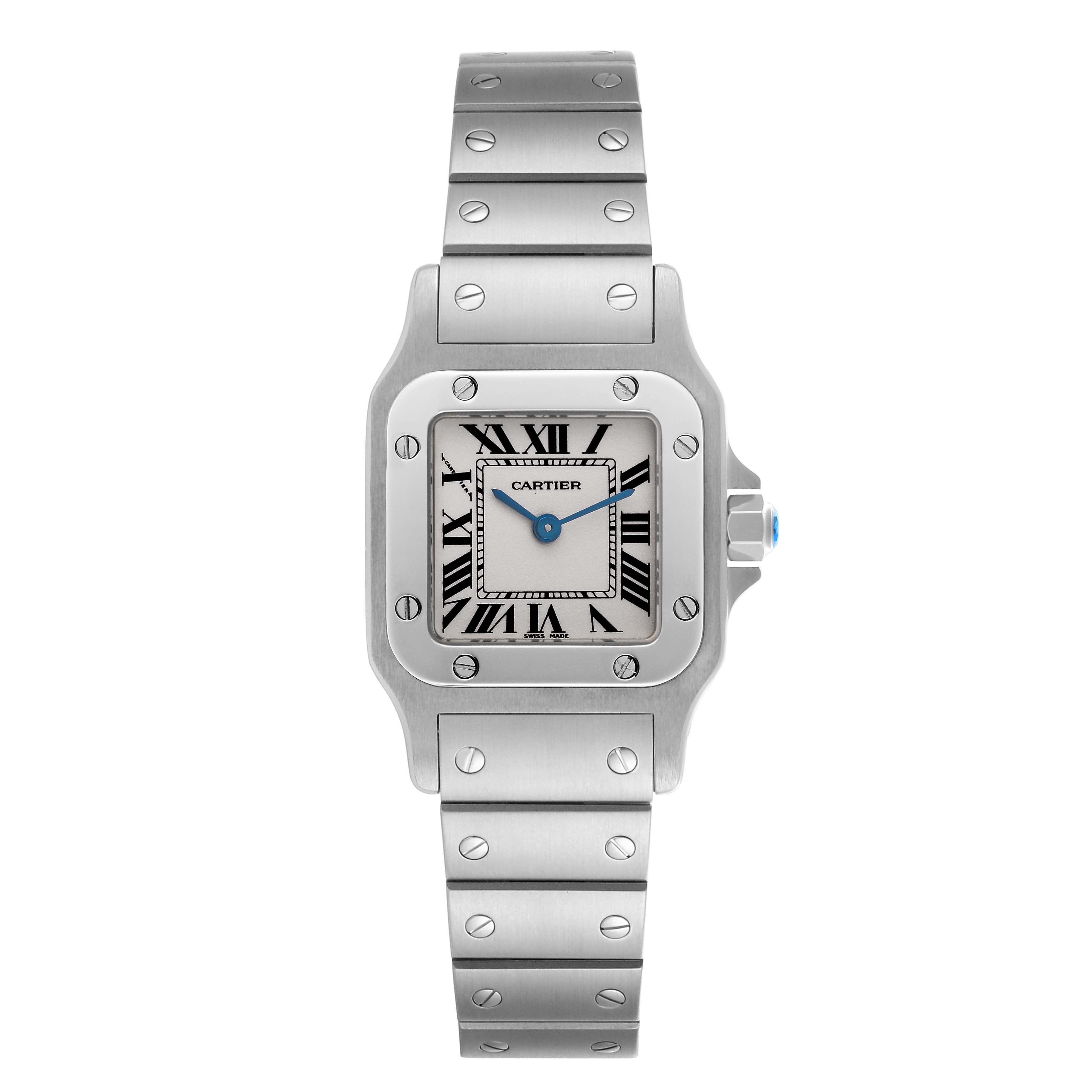 The Cartier Santos W20056D6 Women's Stainless Steel Silver Dial W20056D6 Women's Stainless Steel Silver Dial watch is shown from the front, displaying the face, dial, bezel, and bracelet.