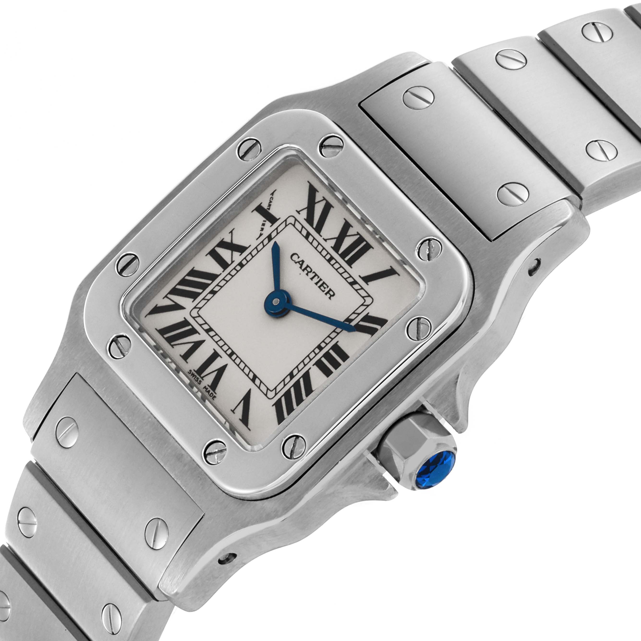 The Cartier Santos W20056D6 Women's Stainless Steel Silver Dial W20056D6 Women's Stainless Steel Silver Dial watch is shown at an angled view, displaying its face, bezel, crown, and part of the bracelet.