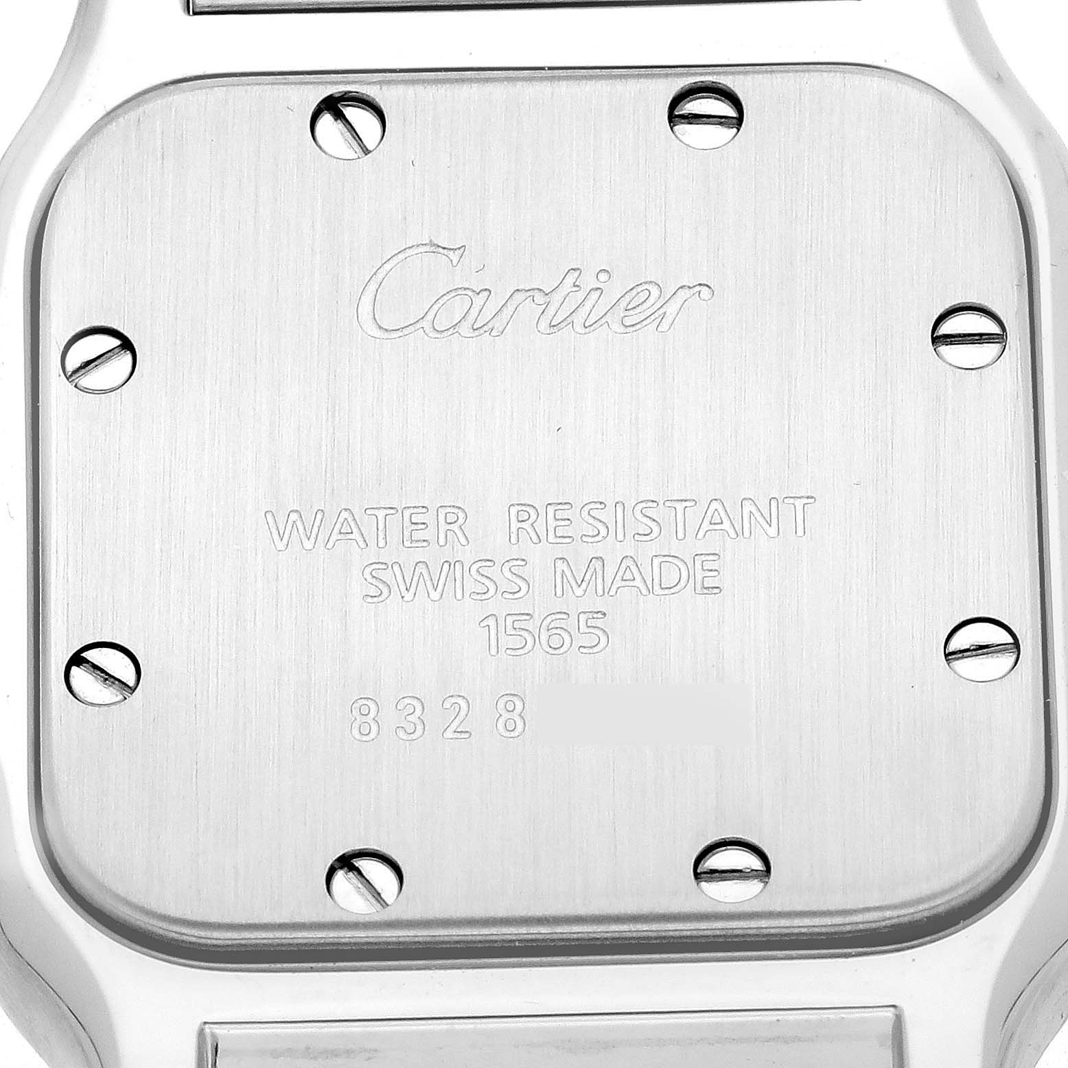 The image shows the back case of a Cartier Santos W20056D6 Women's Stainless Steel Silver Dial W20056D6 Women's Stainless Steel Silver Dial watch, highlighting engraved details and screws.