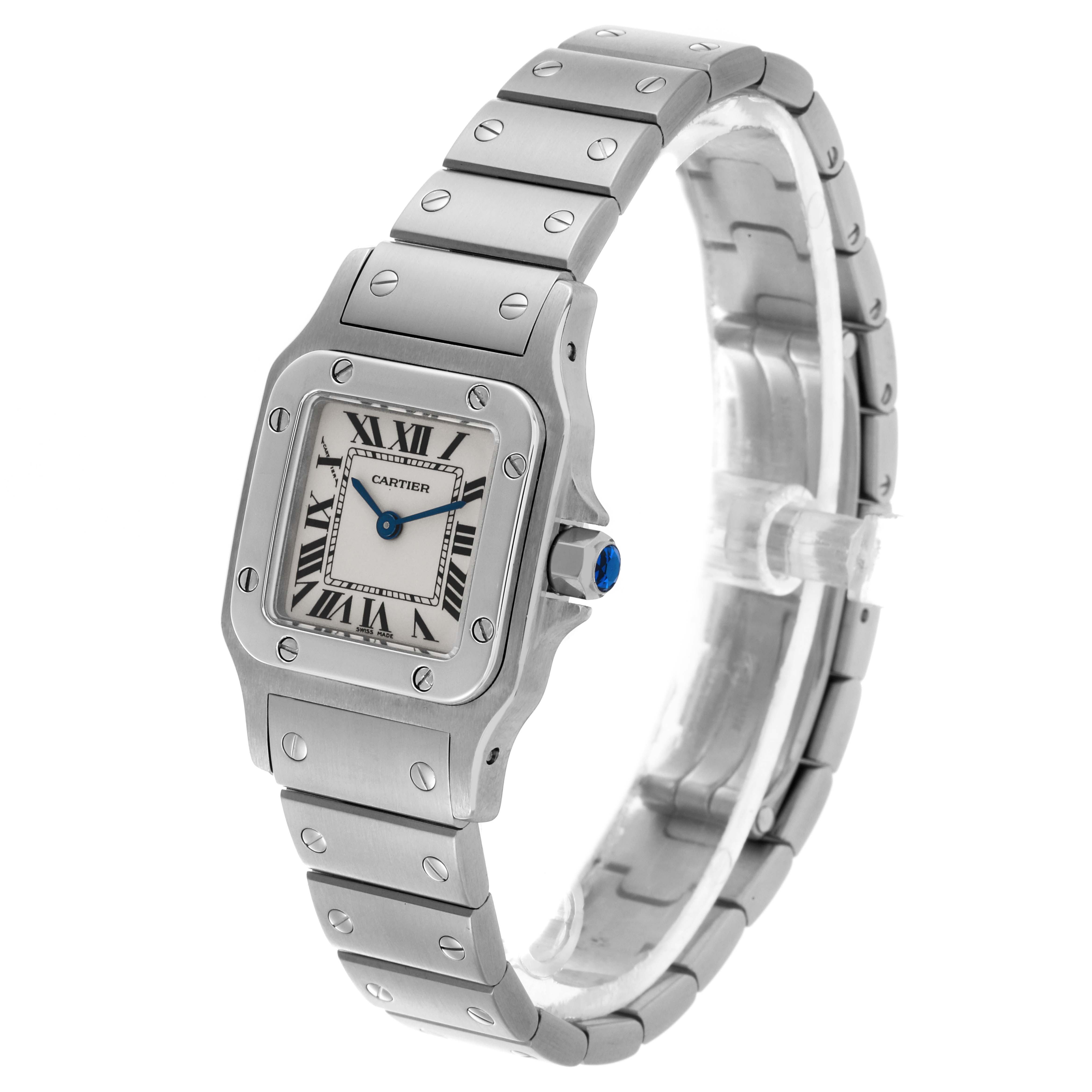 The Cartier Santos W20056D6 Women's Stainless Steel Silver Dial W20056D6 Women's Stainless Steel Silver Dial watch is shown at a three-quarter angle, highlighting the face, bezel, and bracelet.