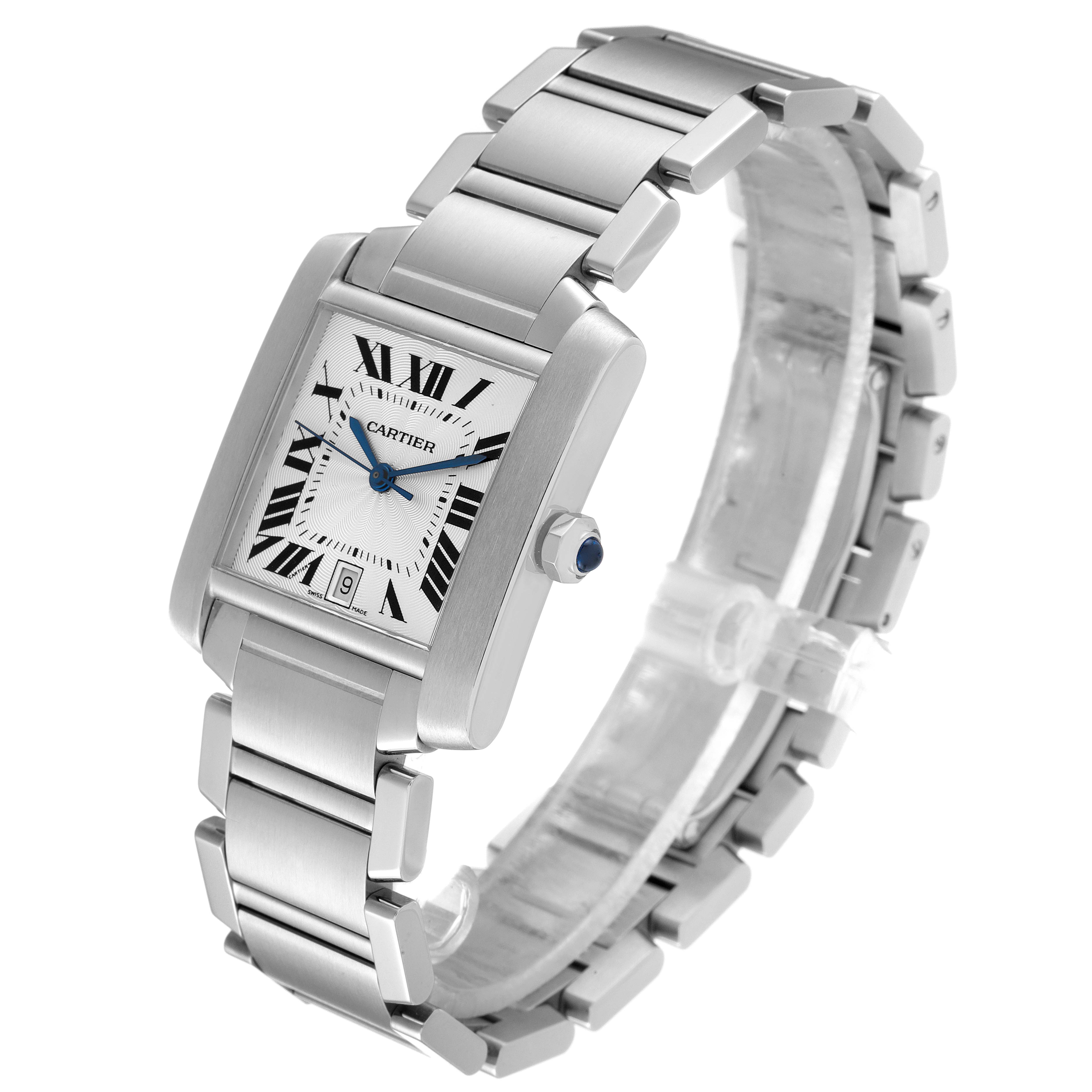 The Cartier Tank Francaise W51002Q3 Men's Stainless Steel Silver Dial W51002Q3 Men's Stainless Steel Silver Dial watch is shown at an angle displaying the bracelet, rectangular face, crown, and Roman numeral markers.