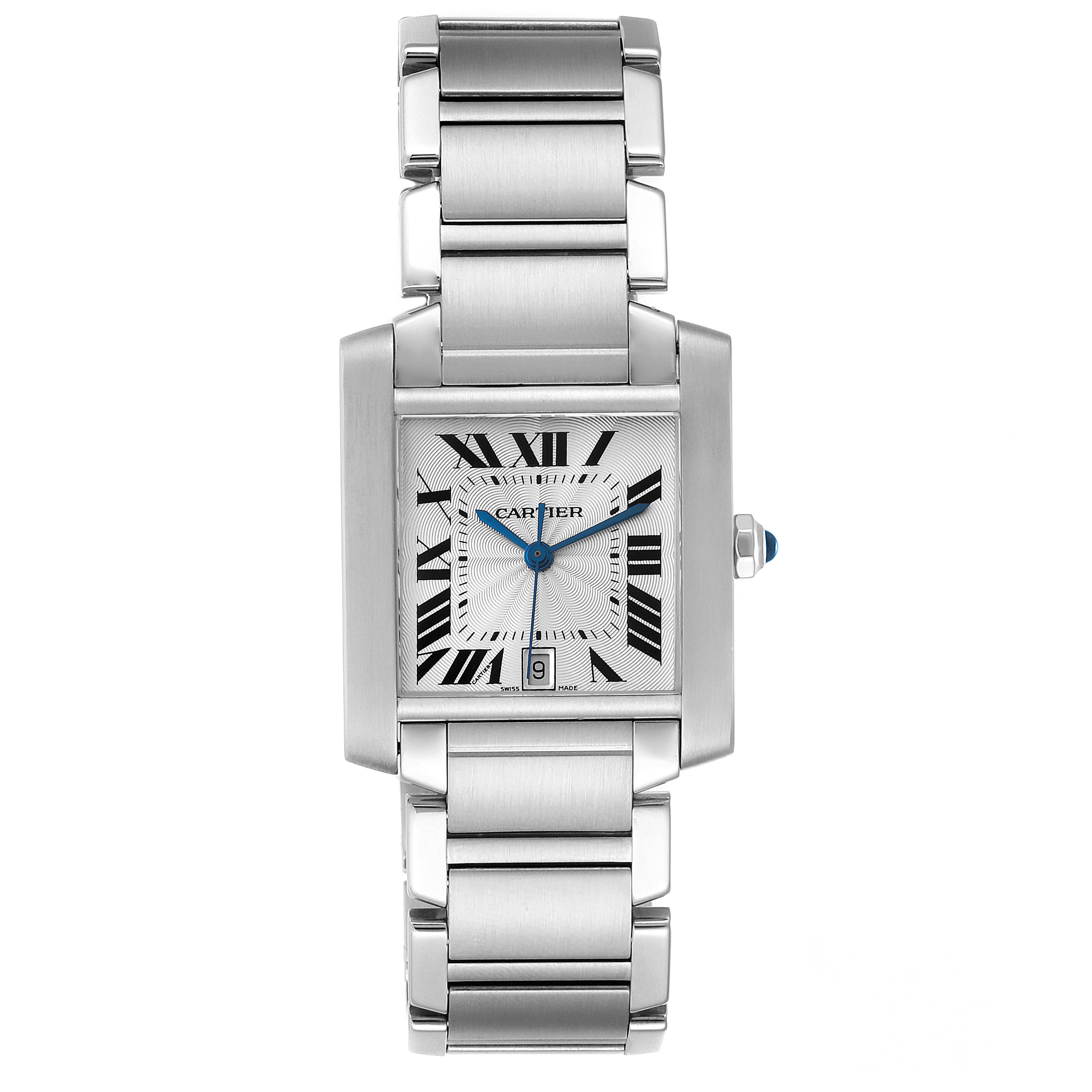 This image shows a front view of the Cartier Tank Francaise W51002Q3 Men's Stainless Steel Silver Dial W51002Q3 Men's Stainless Steel Silver Dial watch, displaying its face, Roman numerals, hands, and metal bracelet.