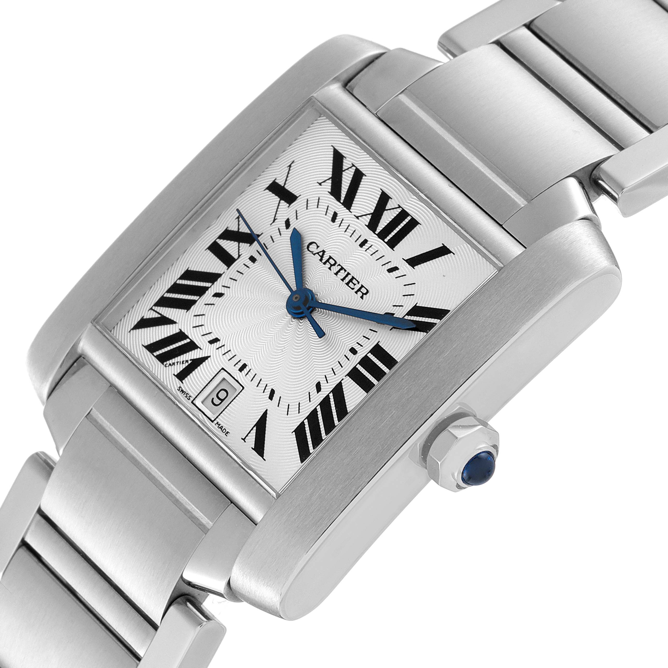 The image shows a close-up angled view of the Cartier Tank Française watch, highlighting the face, bracelet, and date window.