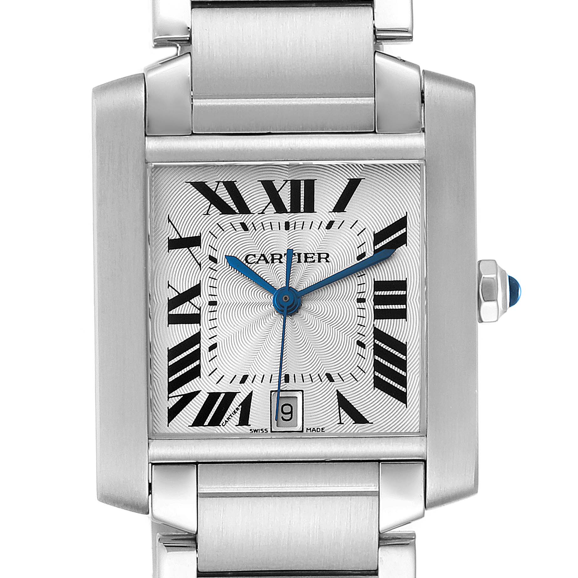 This image shows a close-up, front view of the Cartier Tank Francaise W51002Q3 Men's Stainless Steel Silver Dial W51002Q3 Men's Stainless Steel Silver Dial watch, highlighting the dial, hands, case, and part of the bracelet.