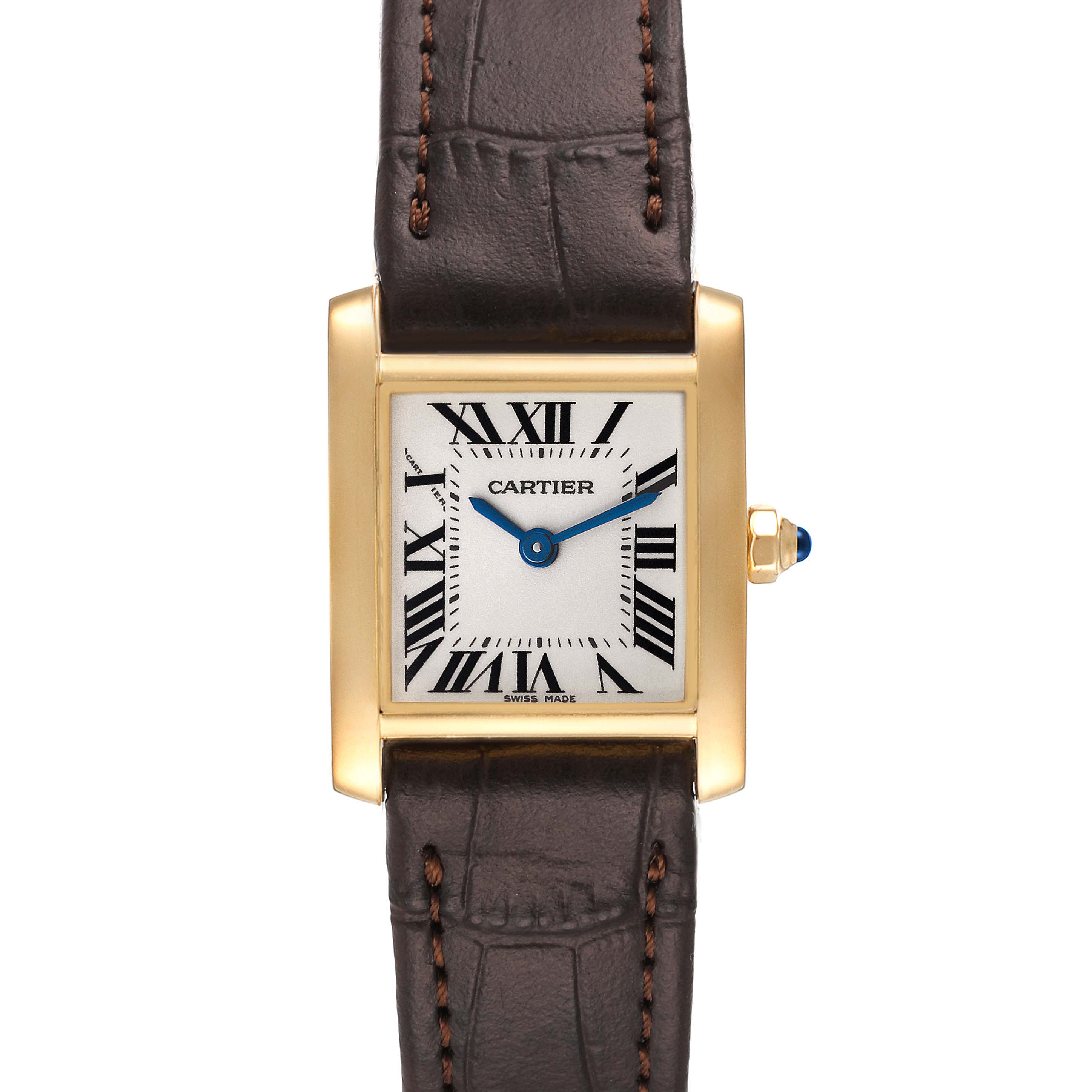 This image shows a front view of the Cartier Tank Française watch, displaying the watch face, case, and part of the leather strap.