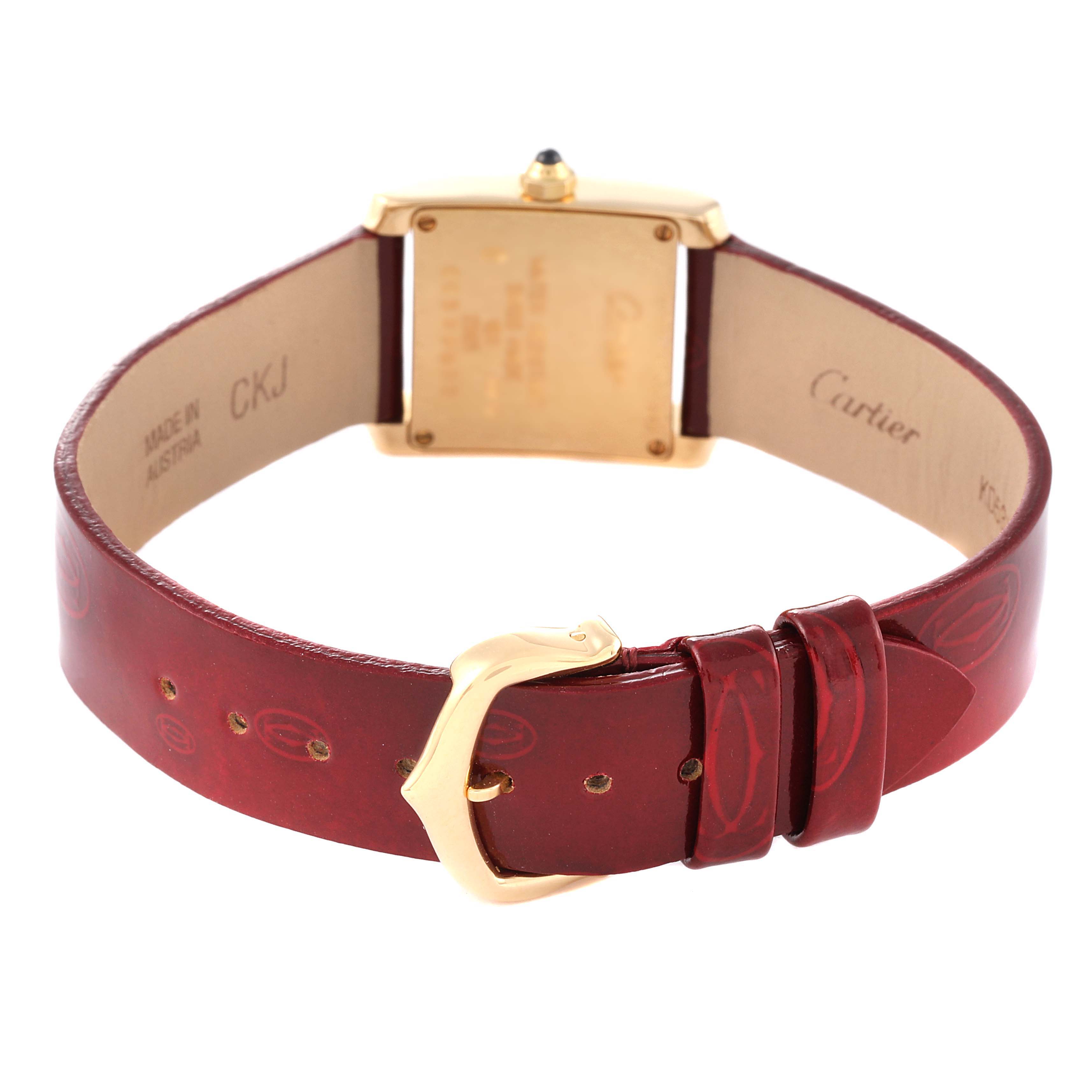 The image shows the back view of a Cartier Tank Francaise W5000256 Women's Yellow Gold Silver Dial W5000256 Women's Yellow Gold Silver Dial watch, focusing on its buckle and strap.