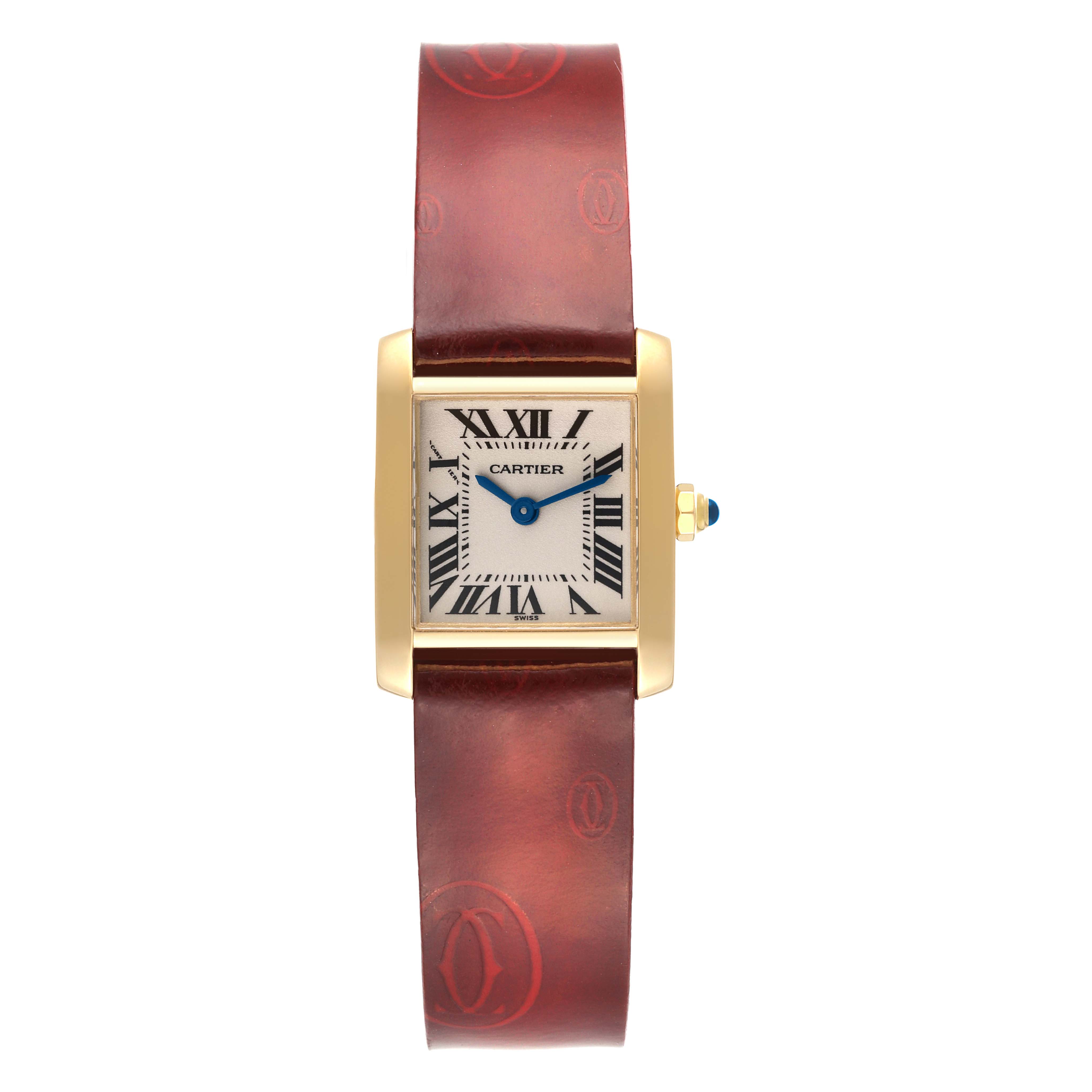 The image shows a Cartier Tank Française watch from a top-down angle, highlighting its square dial, gold case, and brown leather strap.
