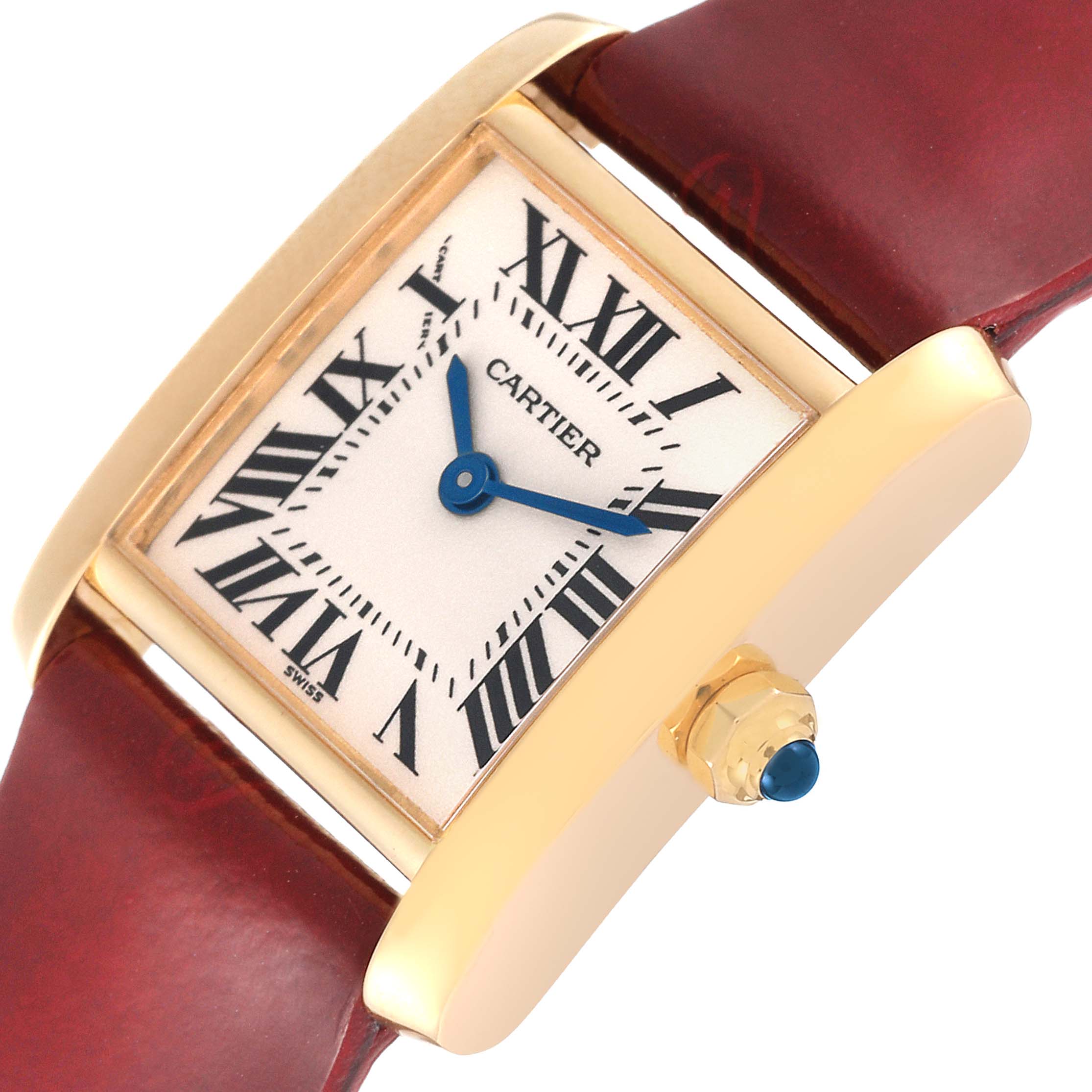 This is a close-up angled shot of a Cartier Tank Francaise W5000256 Women's Yellow Gold Silver Dial W5000256 Women's Yellow Gold Silver Dial watch face and crown, showcasing its red leather strap.