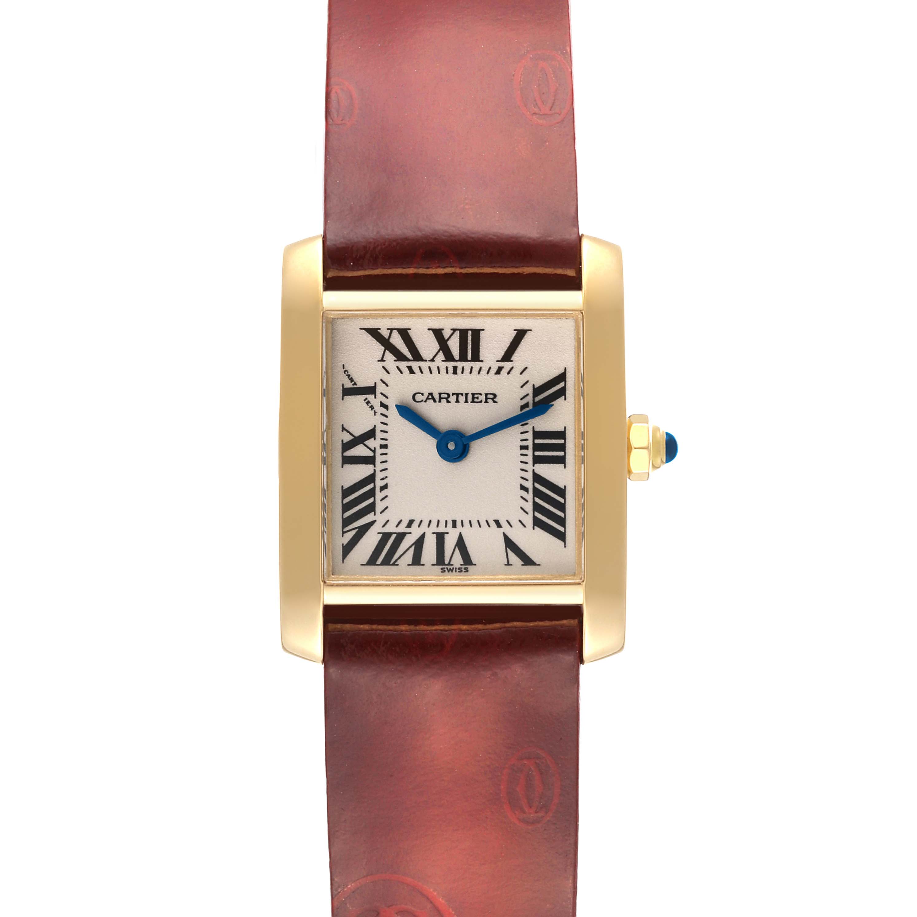 This image shows a top-down view of a Cartier Tank Française watch, highlighting the face, case, and part of the strap.