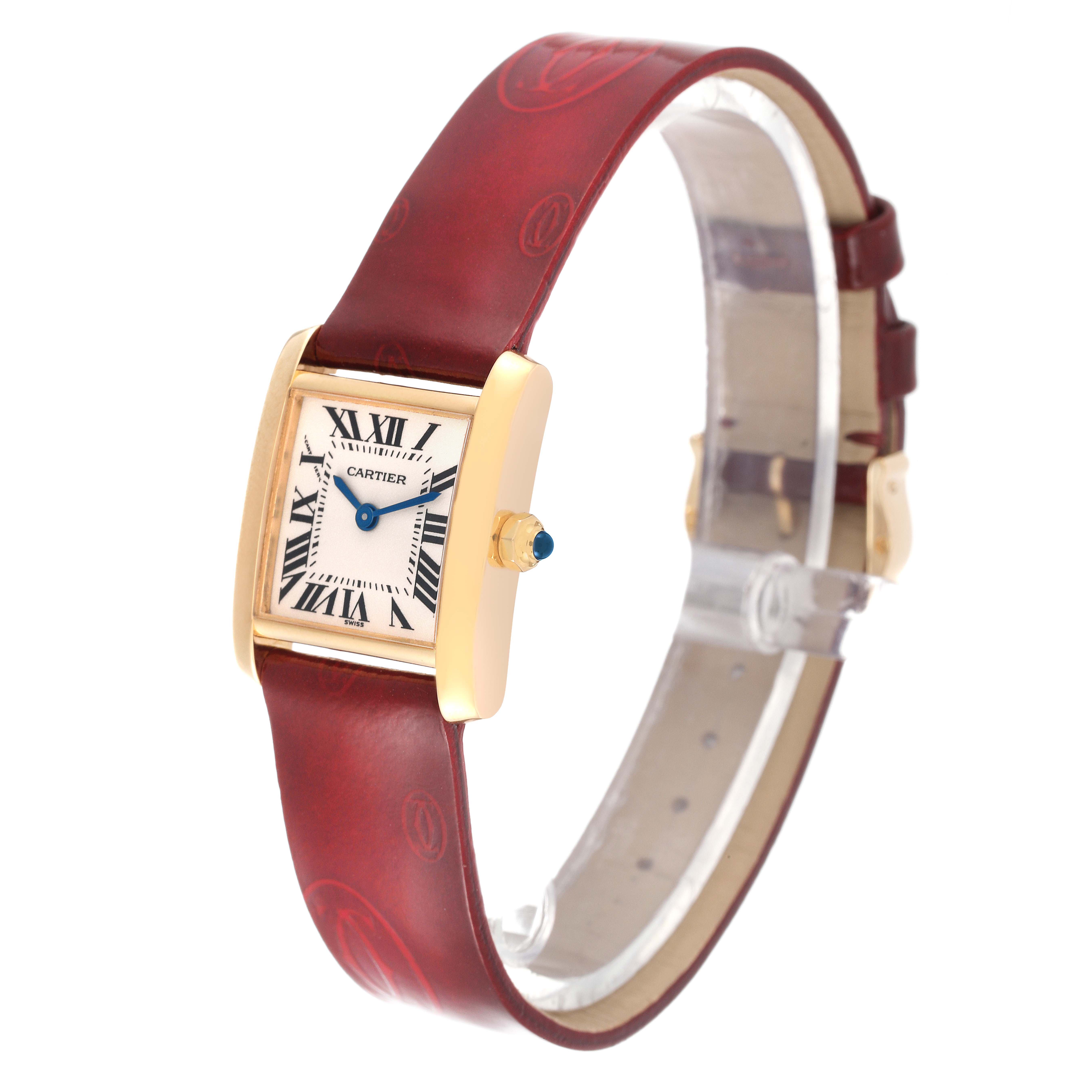 The image shows a Cartier Tank Francaise W5000256 Women's Yellow Gold Silver Dial W5000256 Women's Yellow Gold Silver Dial watch from a front angle, highlighting its face, Roman numerals, crown, and strap.