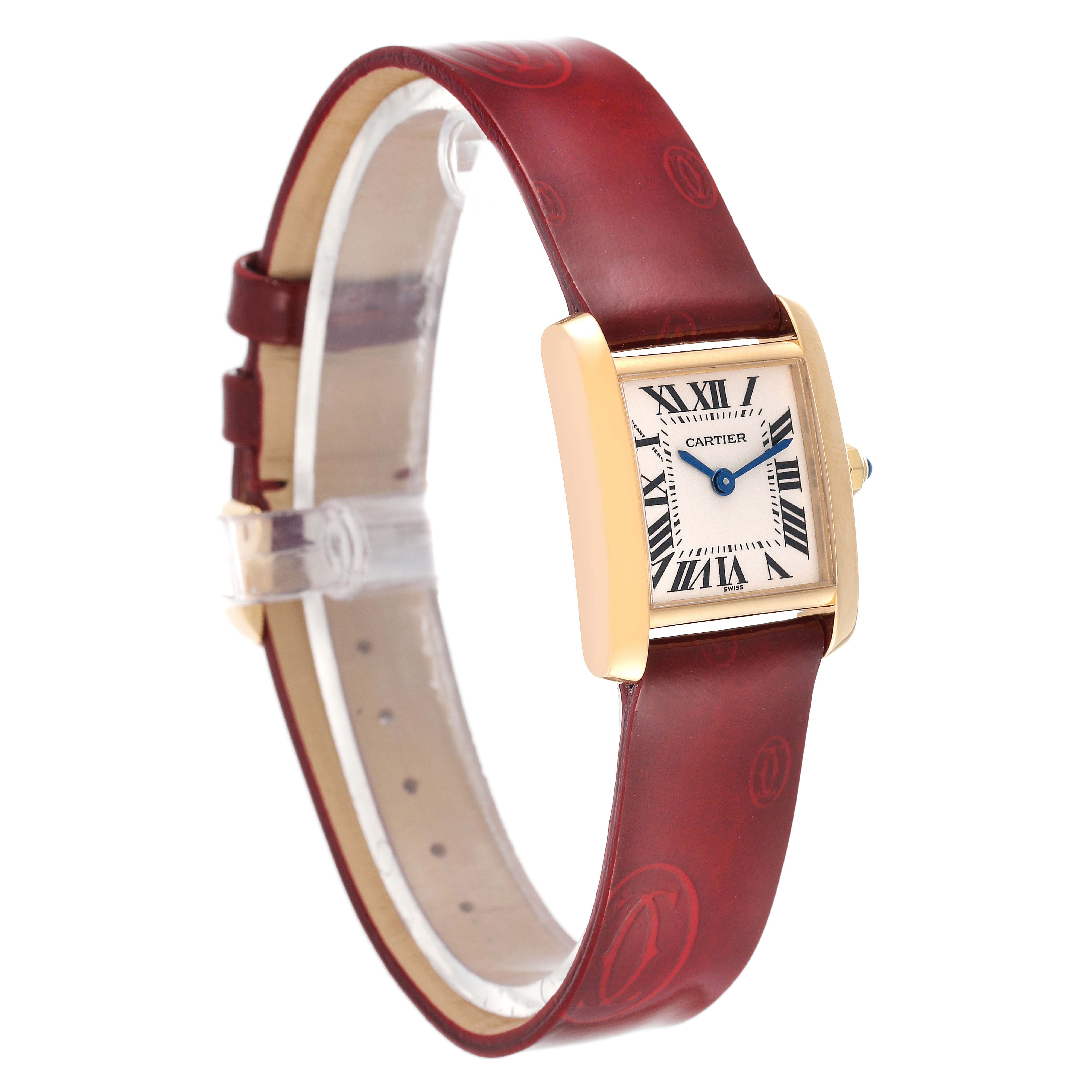 The Cartier Tank Francaise W5000256 Women's Yellow Gold Silver Dial W5000256 Women's Yellow Gold Silver Dial watch is shown at a slight angle, highlighting its face, casing, and red leather strap.