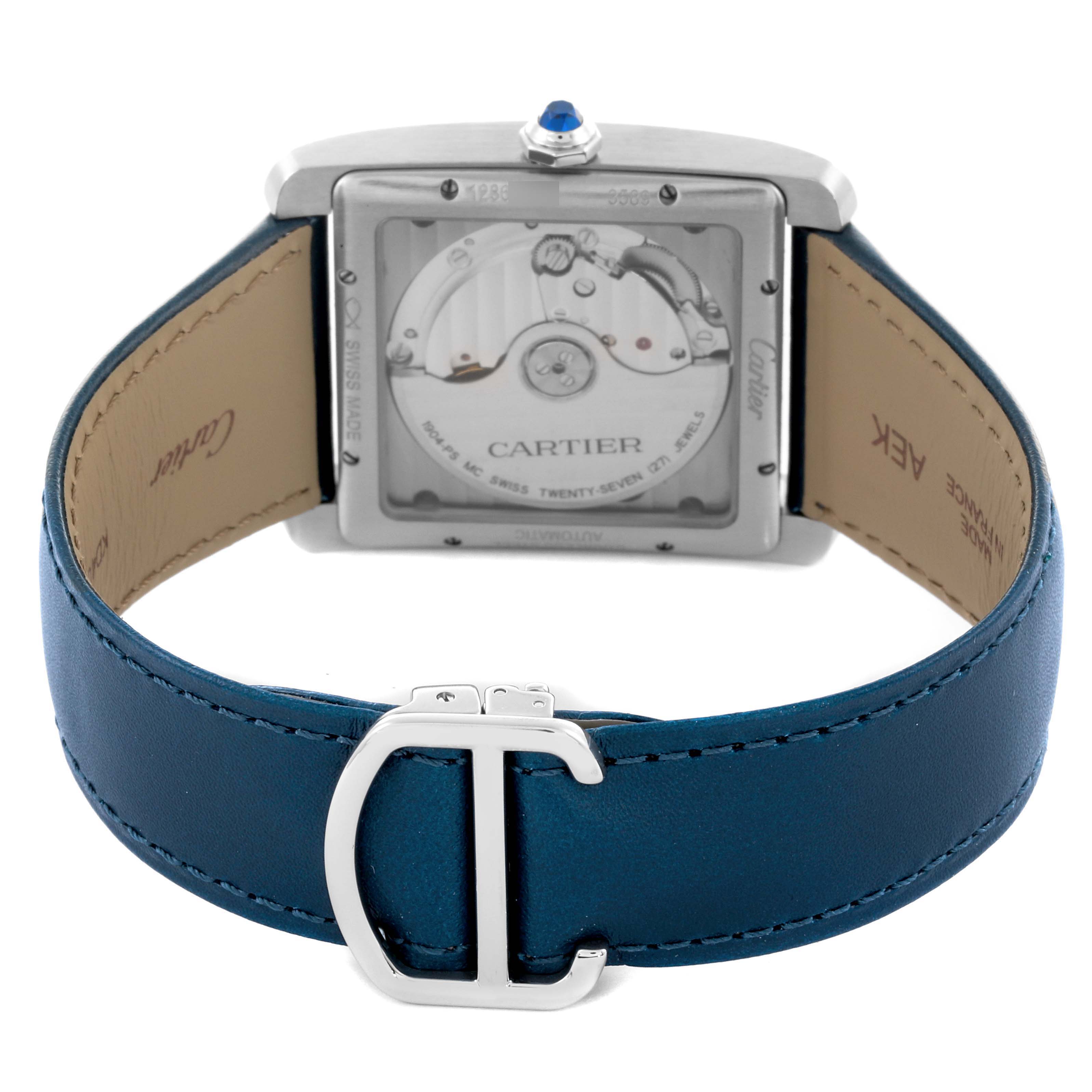 The Cartier Tank MC WSTA0010 Men's Stainless Steel Blue Dial WSTA0010 Men's Stainless Steel Blue Dial watch is shown from the back, highlighting the movement and blue leather strap with a buckle.