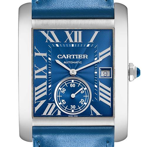 The Cartier Tank MC watch is shown from the front, highlighting its blue dial, Roman numerals, and date window.