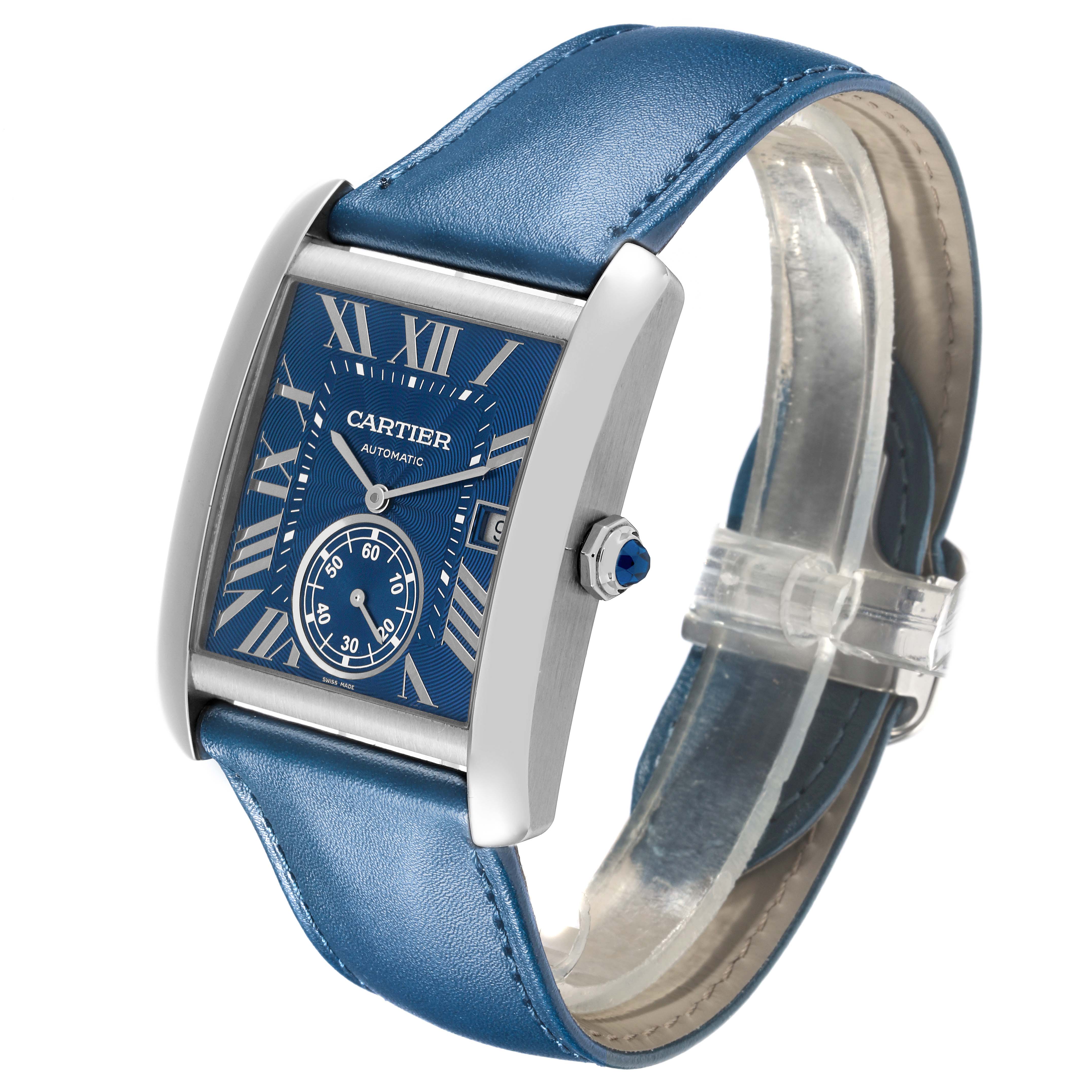 The Cartier Tank MC WSTA0010 Men's Stainless Steel Blue Dial WSTA0010 Men's Stainless Steel Blue Dial watch is shown at an oblique angle, displaying the face, crown, and blue leather strap.