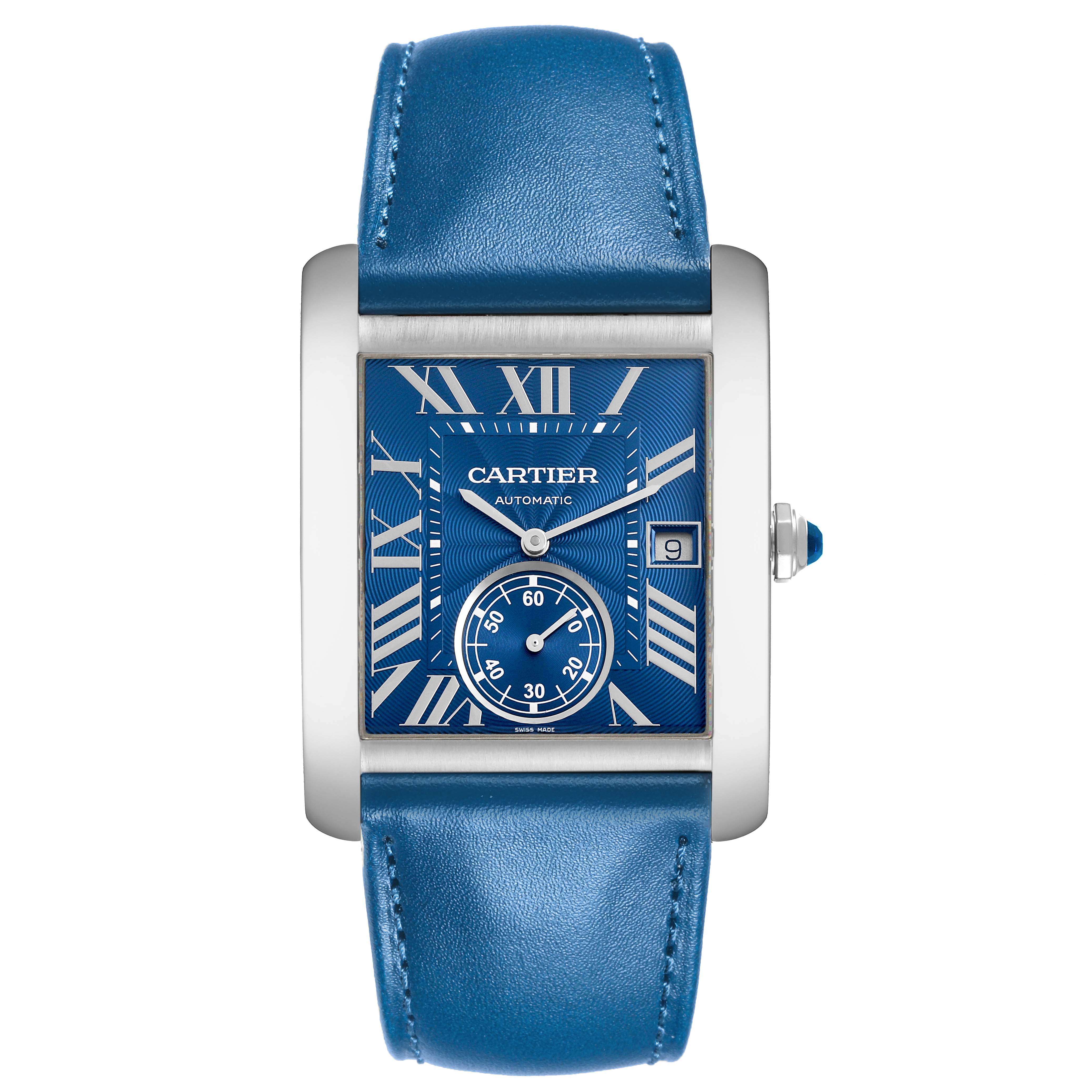 The Cartier Tank MC WSTA0010 Men's Stainless Steel Blue Dial WSTA0010 Men's Stainless Steel Blue Dial watch is shown from a front angle, highlighting its blue dial and leather strap.