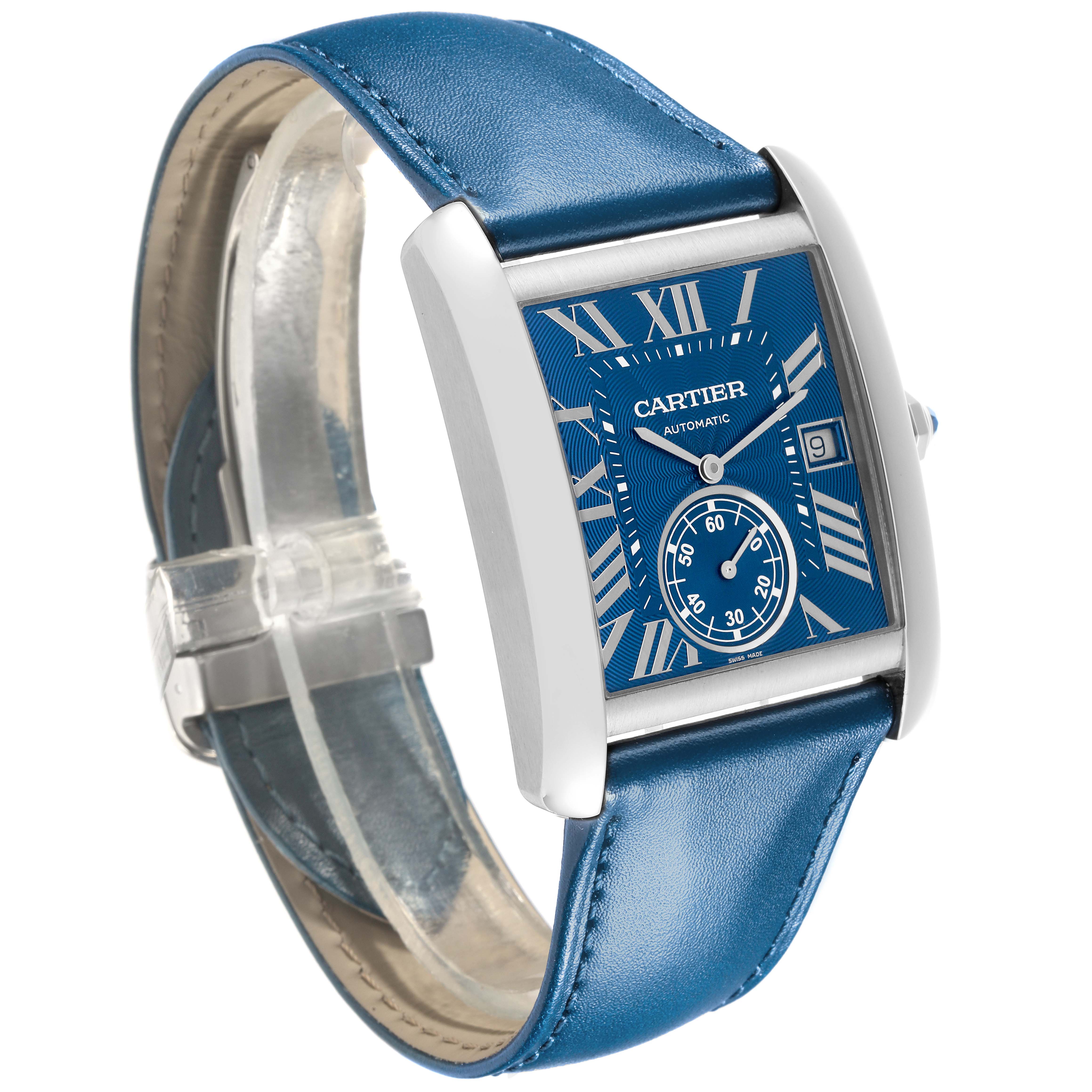 The Cartier Tank MC WSTA0010 Men's Stainless Steel Blue Dial WSTA0010 Men's Stainless Steel Blue Dial watch is shown at a three-quarter angle, displaying the face, blue leather strap, and side profile.