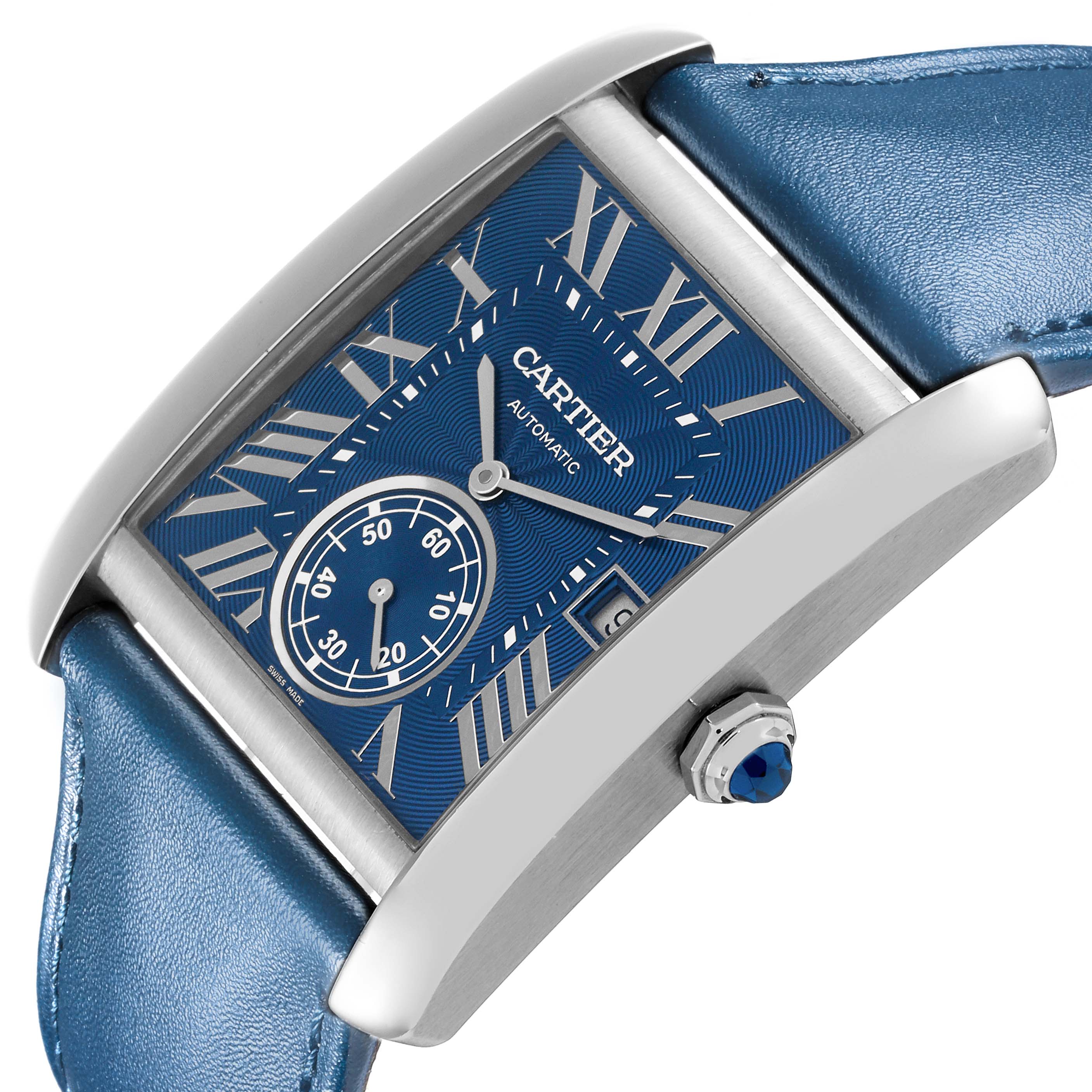 The Cartier Tank MC WSTA0010 Men's Stainless Steel Blue Dial WSTA0010 Men's Stainless Steel Blue Dial watch is angled to show the blue dial, Roman numerals, crown with a blue accent, and part of the strap.