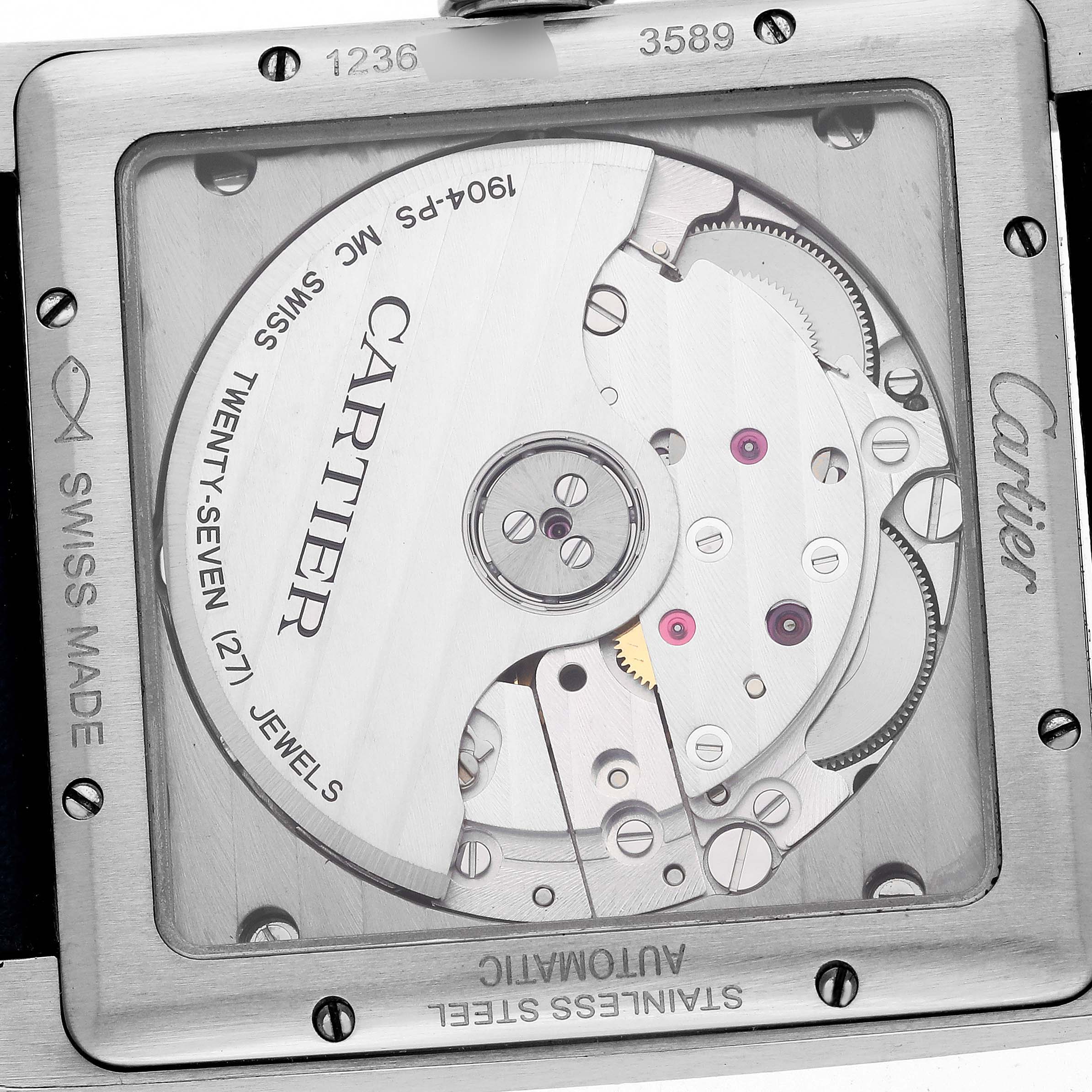 The image shows the back view of the Cartier Tank MC WSTA0010 Men's Stainless Steel Blue Dial WSTA0010 Men's Stainless Steel Blue Dial watch, highlighting its mechanical movement.