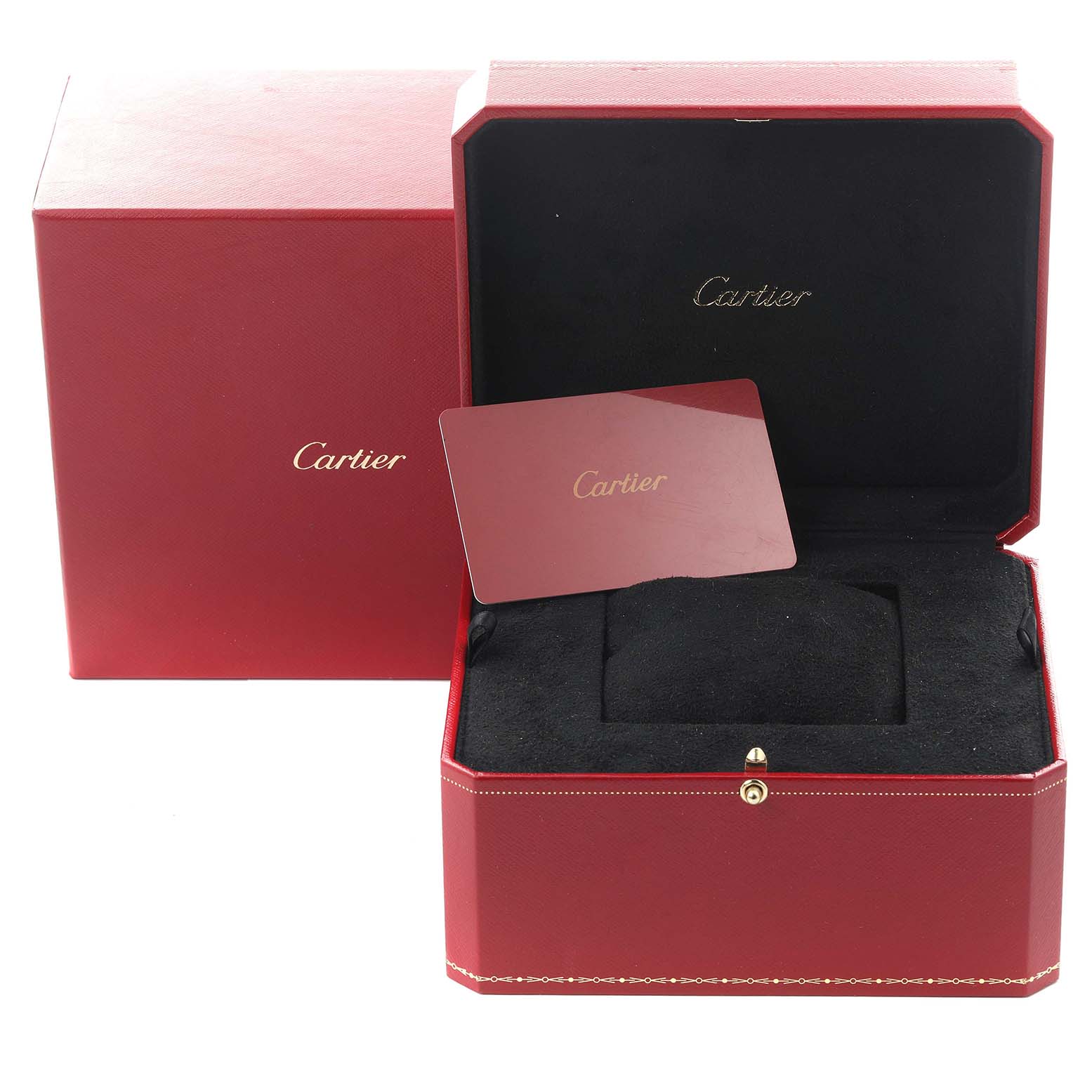 The image shows a red Cartier box and card, no Tank MC watch is visible.