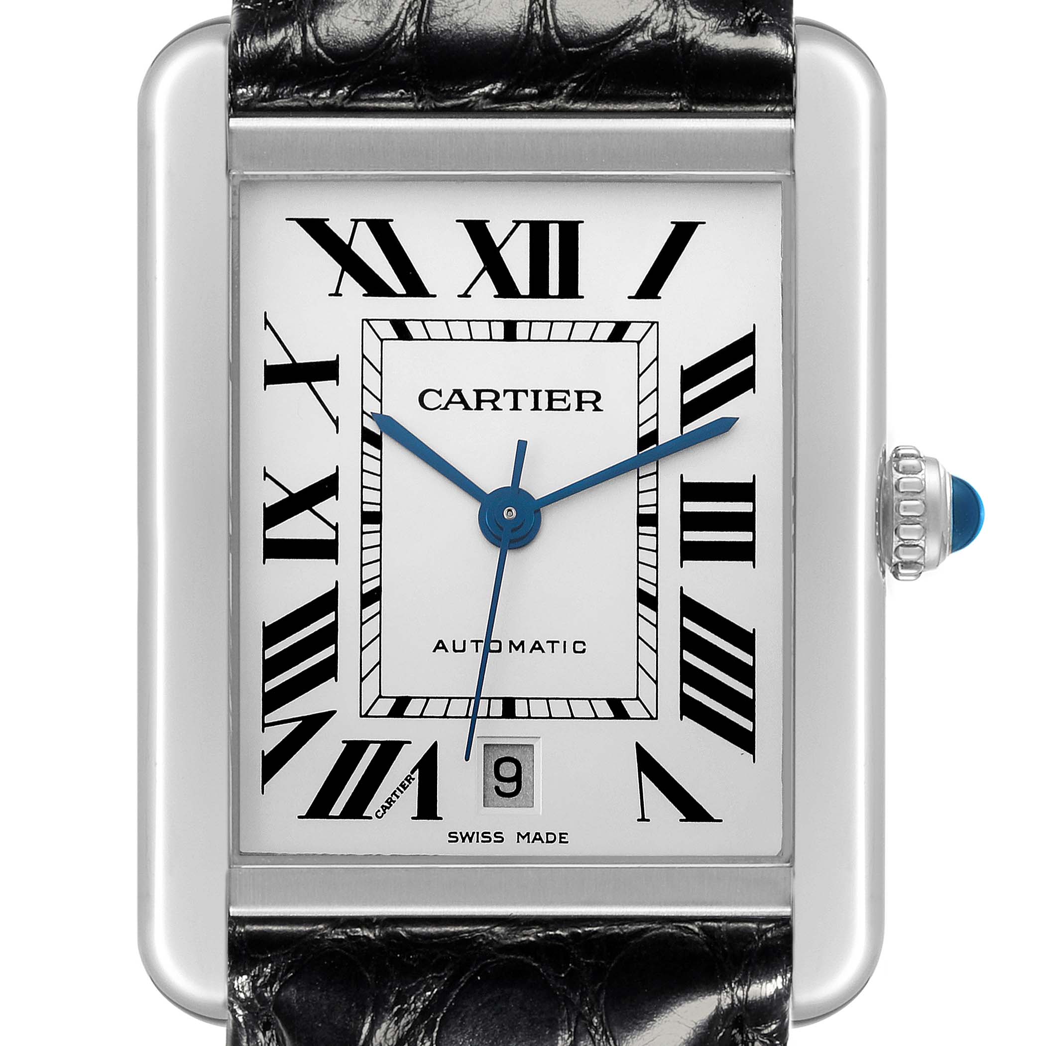 The Cartier Tank Solo W5200027 Men's Stainless Steel Silver Dial W5200027 Men's Stainless Steel Silver Dial watch is shown from the front, highlighting the dial, crown, and part of the leather strap.
