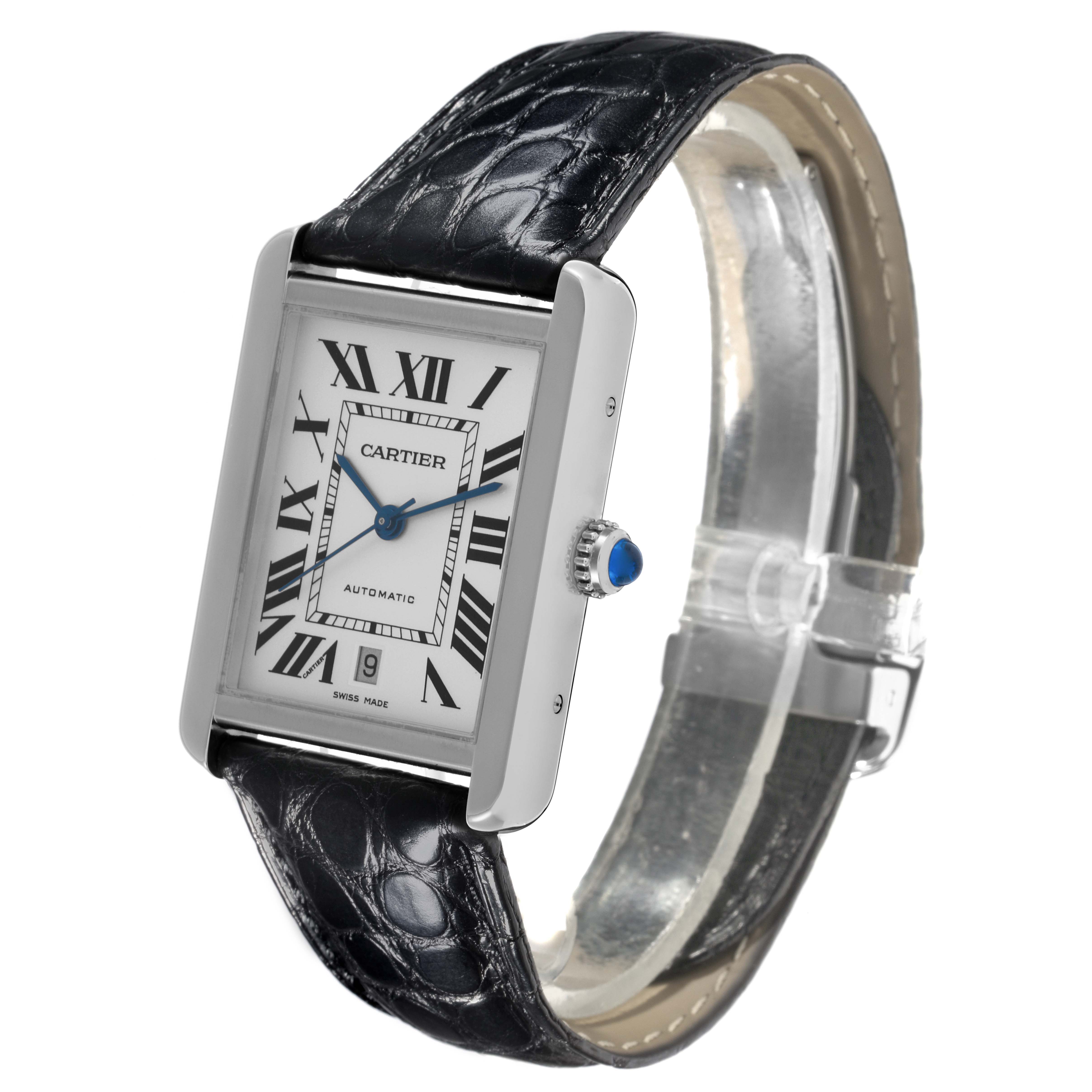 The Cartier Tank Solo W5200027 Men's Stainless Steel Silver Dial W5200027 Men's Stainless Steel Silver Dial watch is shown from a front angle, highlighting the face, strap, and crown.