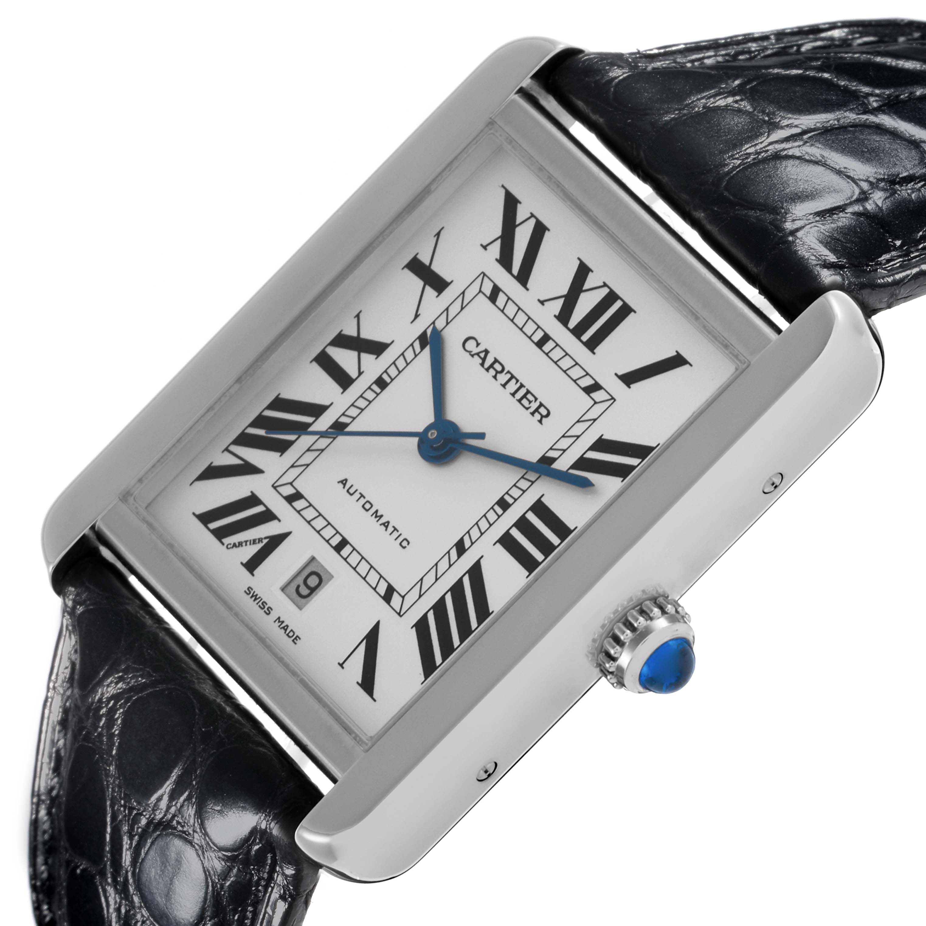 The Cartier Tank Solo W5200027 Men's Stainless Steel Silver Dial W5200027 Men's Stainless Steel Silver Dial watch is shown at an angled view highlighting the face, crown, and leather strap.
